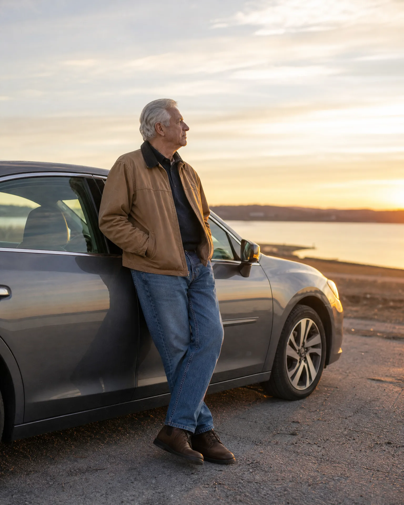 An older man with white hair in a tan jacket and jeans leans against a gray car parked on gravel beside a body of water at sunset.