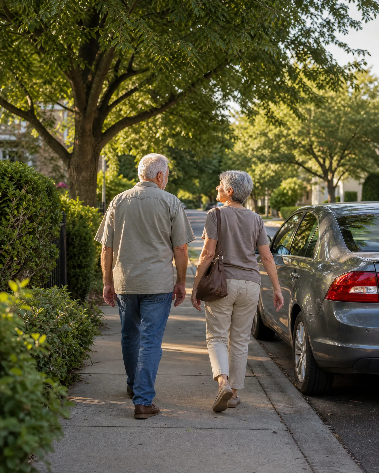 An older man and woman walk away from the camera along a tree-shaded sidewalk beside a parked gray sedan and trimmed hedges.