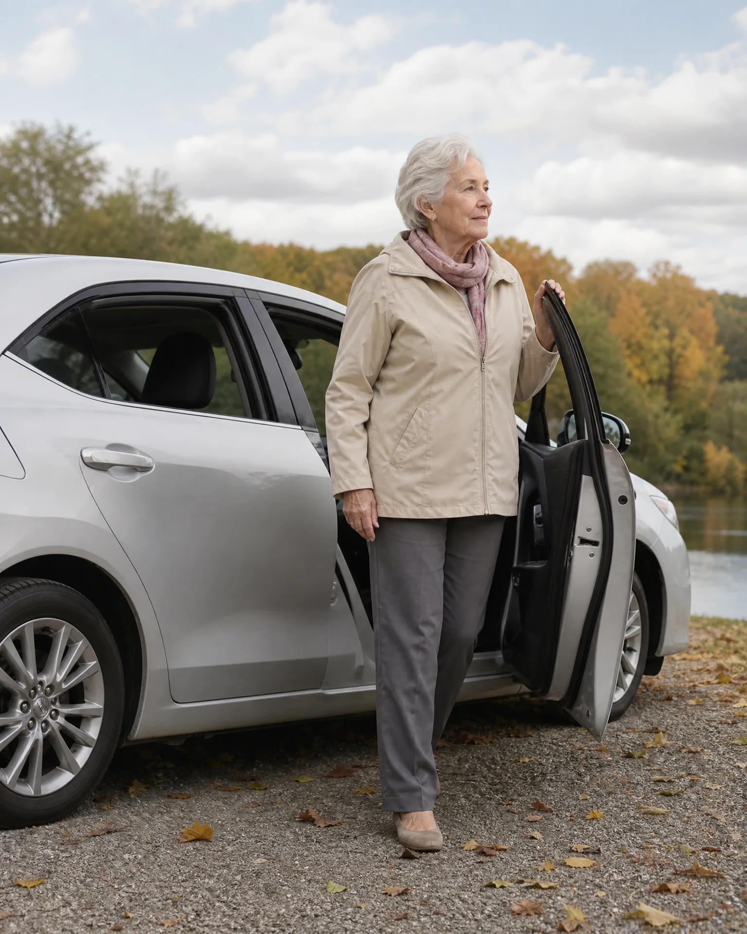 An older woman in a beige jacket and gray trousers stands beside a silver car with the rear door open, on a gravel area near water and autumn-colored trees.