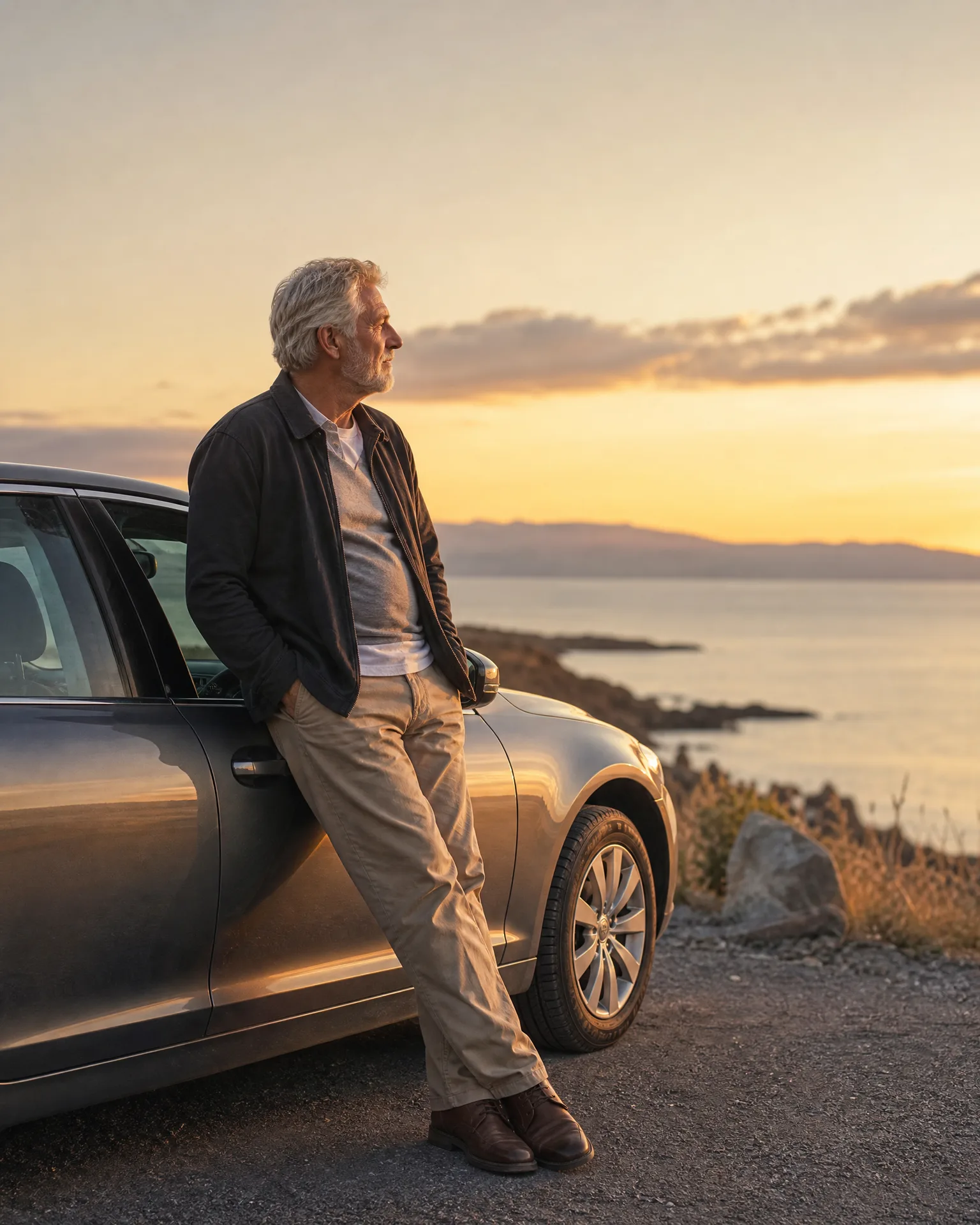 A gray-haired man in a dark jacket and light trousers leans against the front fender of a dark sedan parked on a gravel overlook above the sea at sunset.