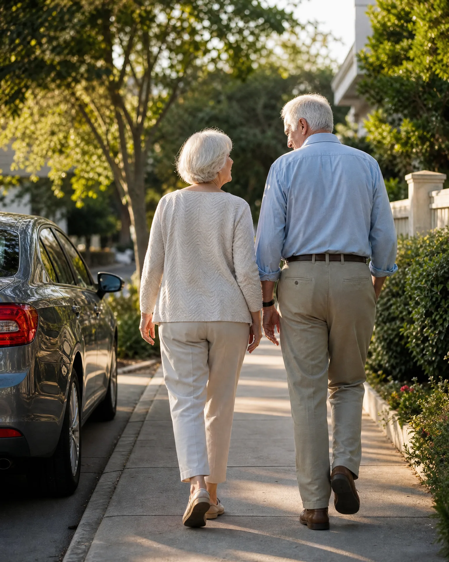 An older man in a light blue shirt and khaki trousers and an older woman in a cream sweater and pants walk away from the camera along a concrete sidewalk, with a parked dark car at left and green shrubs and trees at right.