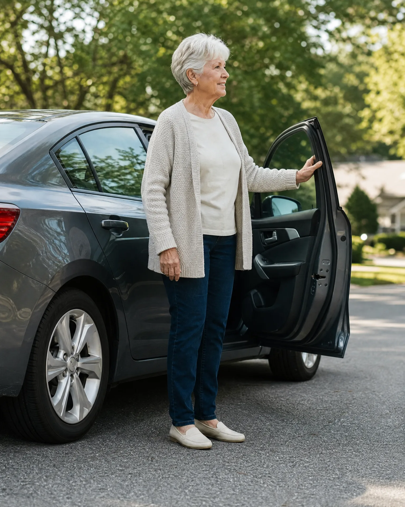 An older woman with short white hair, wearing a cream cardigan, white top, blue jeans and light slip-on shoes, stands beside a dark gray sedan holding its open rear door on a paved driveway with green trees behind.