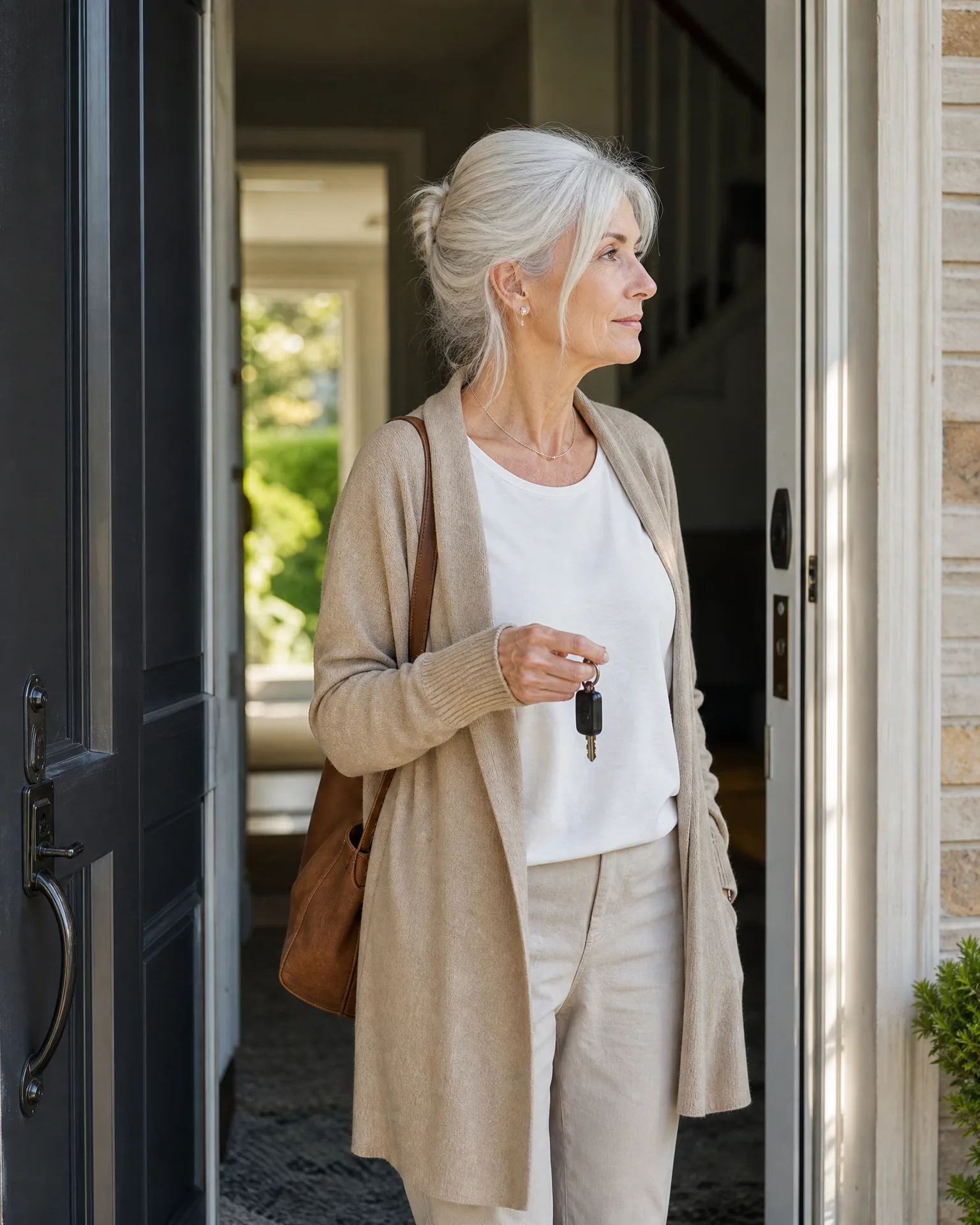 A woman with gray hair in a beige cardigan, white top and light trousers stands in an open dark doorway holding keys, with a brown shoulder bag and a brick-clad exterior wall at right.
