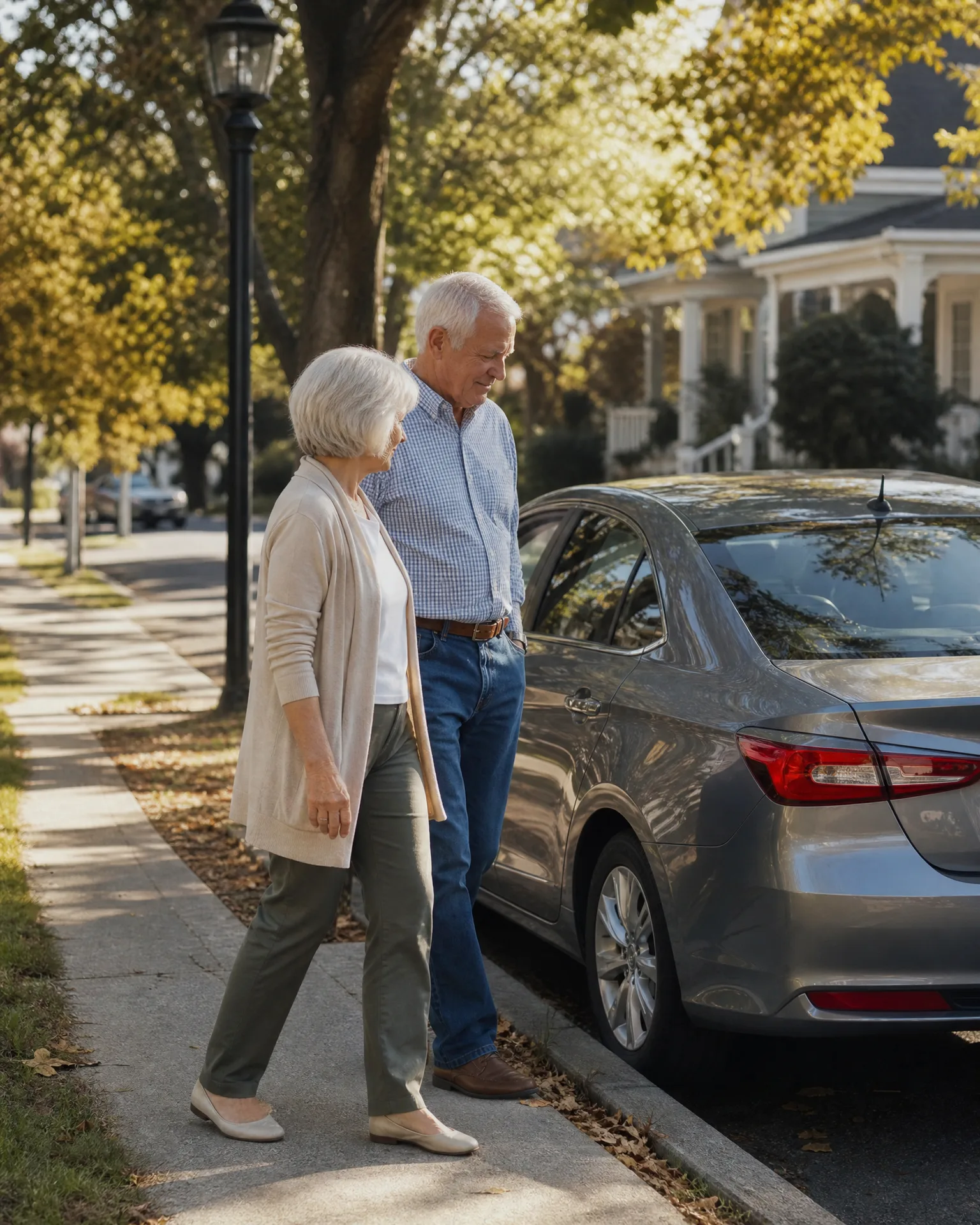 An older man and woman walk along a sidewalk beside a parked gray sedan, with trees, a lamppost and a white house in the background.