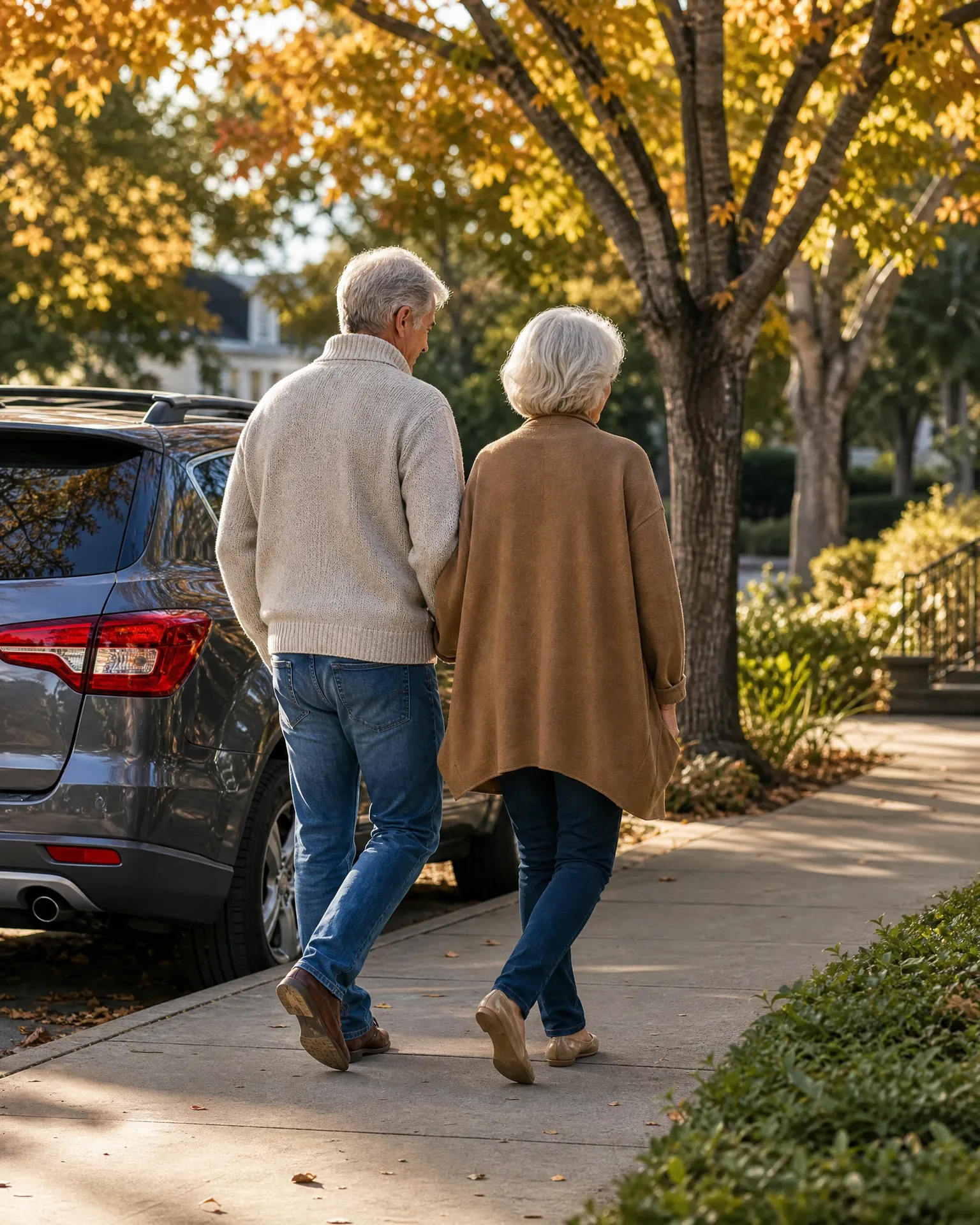An older couple seen from behind walking along a concrete sidewalk past a parked dark SUV, with yellow-leaved trees and shrubs alongside.