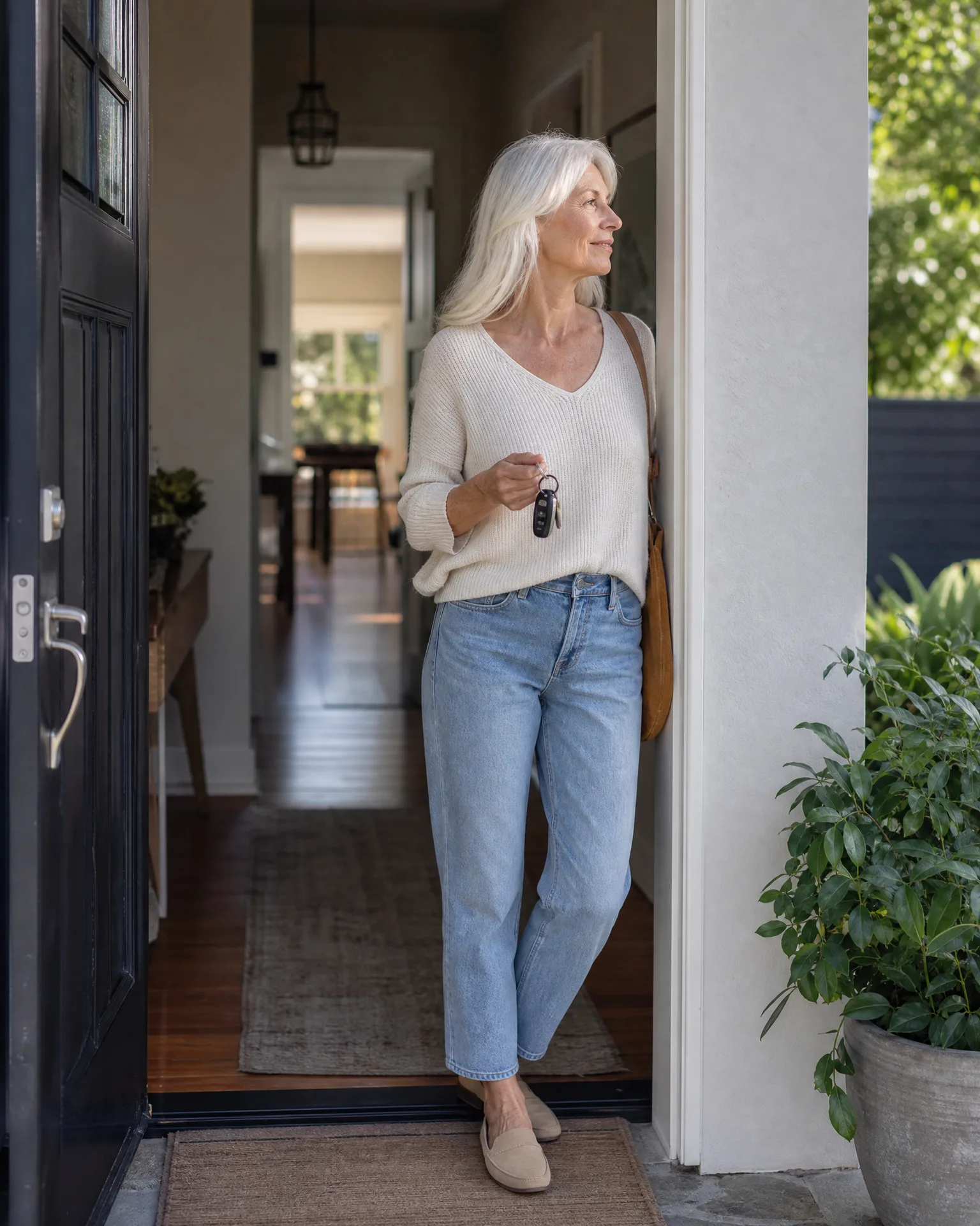 A woman with long white hair in a cream sweater, light blue jeans and tan loafers stands in an open doorway holding keys, with a hallway behind her and a potted green plant outside.
