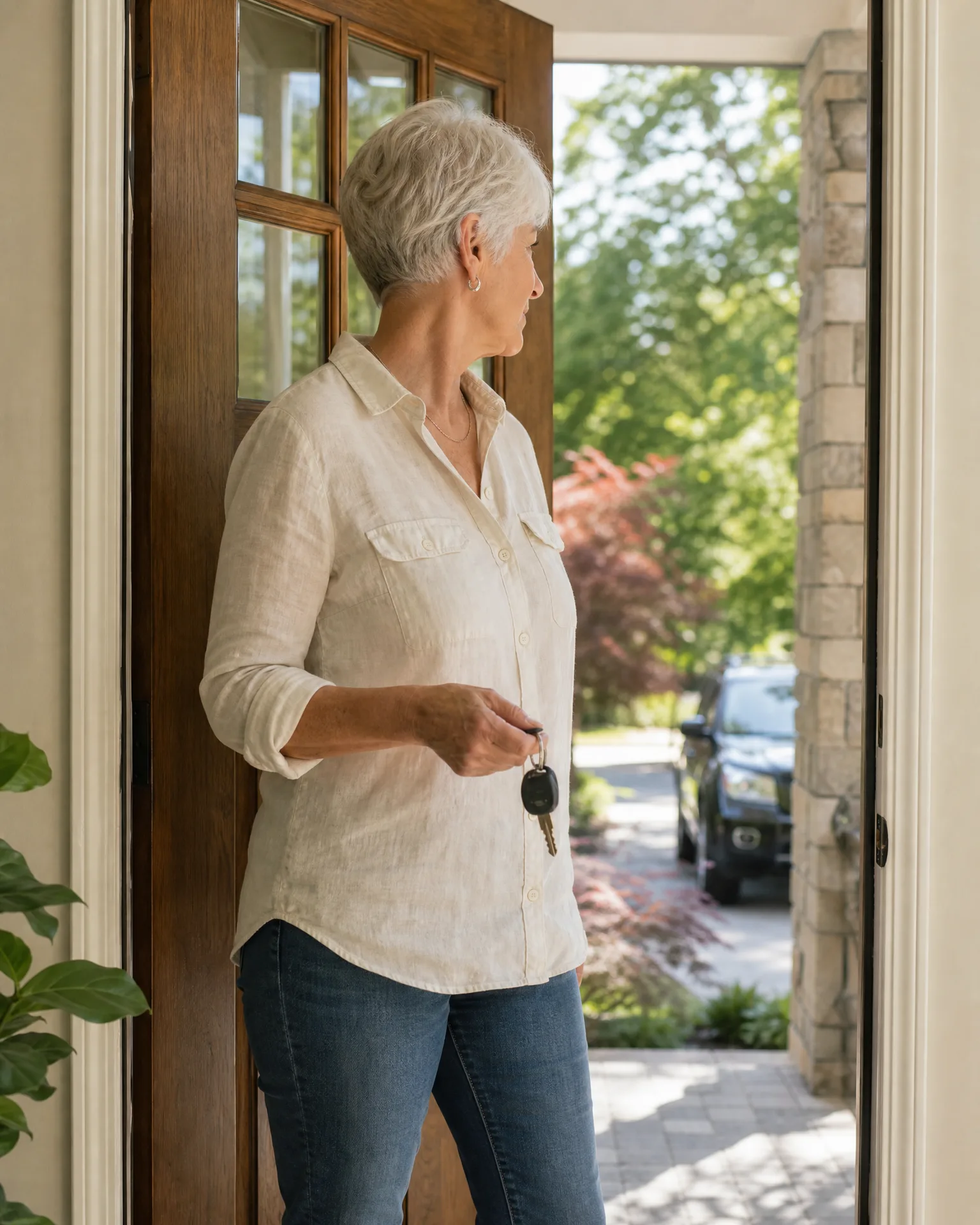 A woman with short gray hair in a cream linen shirt and jeans stands in an open wooden front doorway holding keys, with a stone-clad entry, driveway and dark SUV visible outside.
