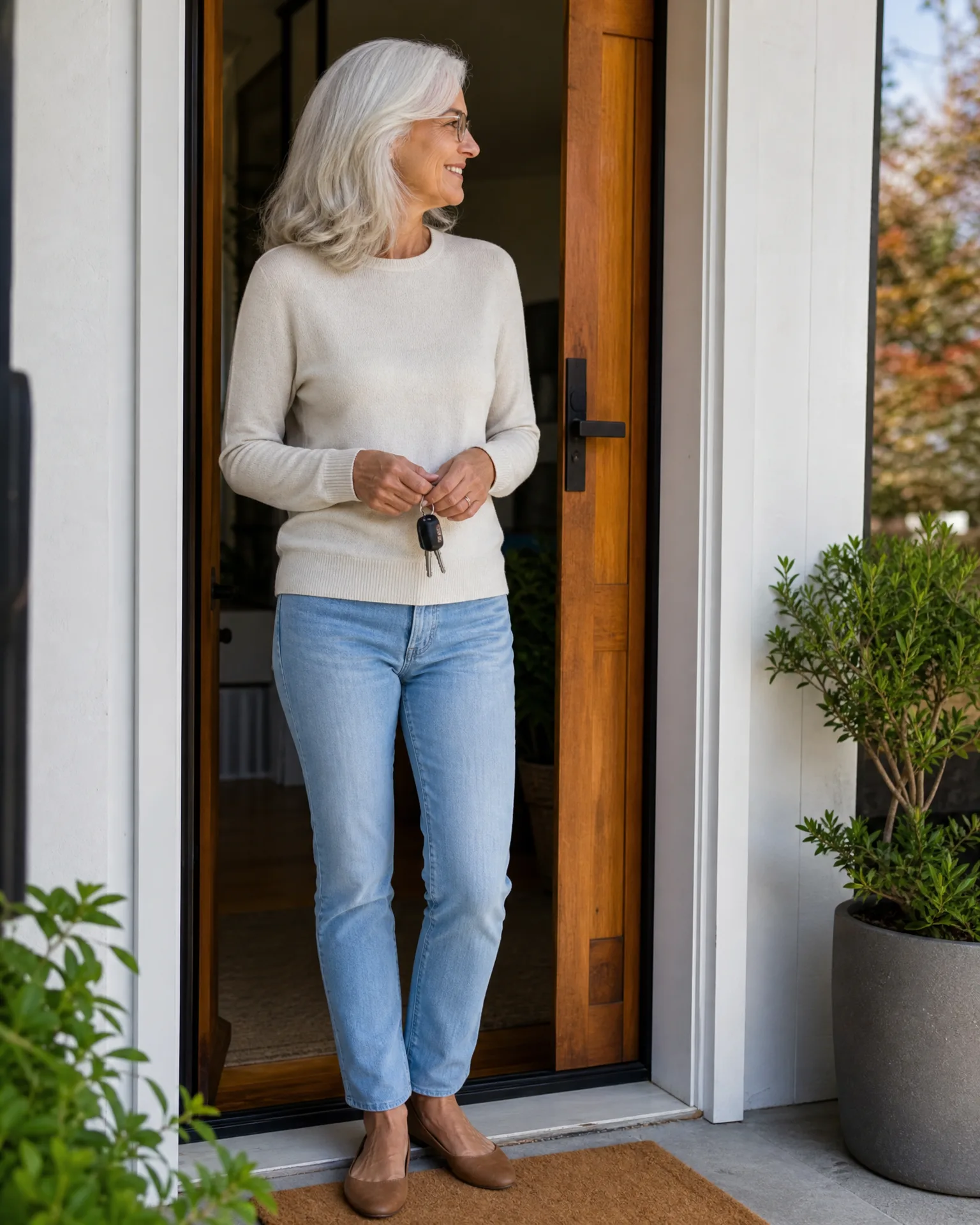 A woman with white hair, wearing a cream sweater, light blue jeans and brown flats, stands in an open wood-framed doorway holding keys, with a potted shrub and coir mat nearby.