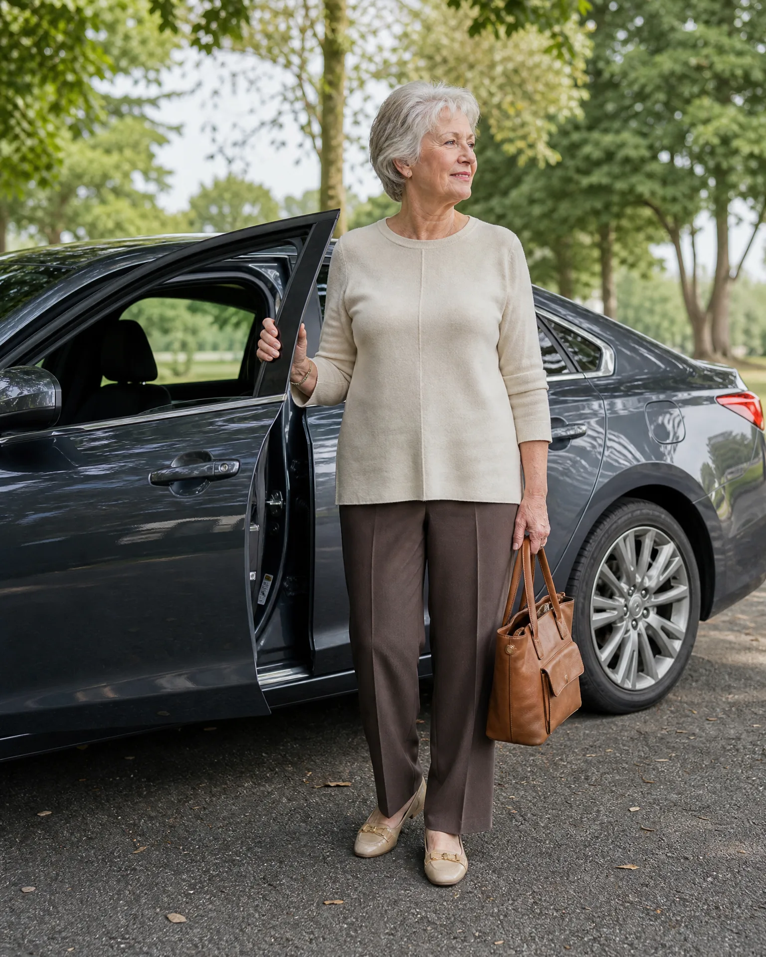 An older woman with short grey hair, wearing a cream sweater and brown trousers and holding a tan handbag, stands beside the open rear door of a dark sedan on a paved area with trees behind.