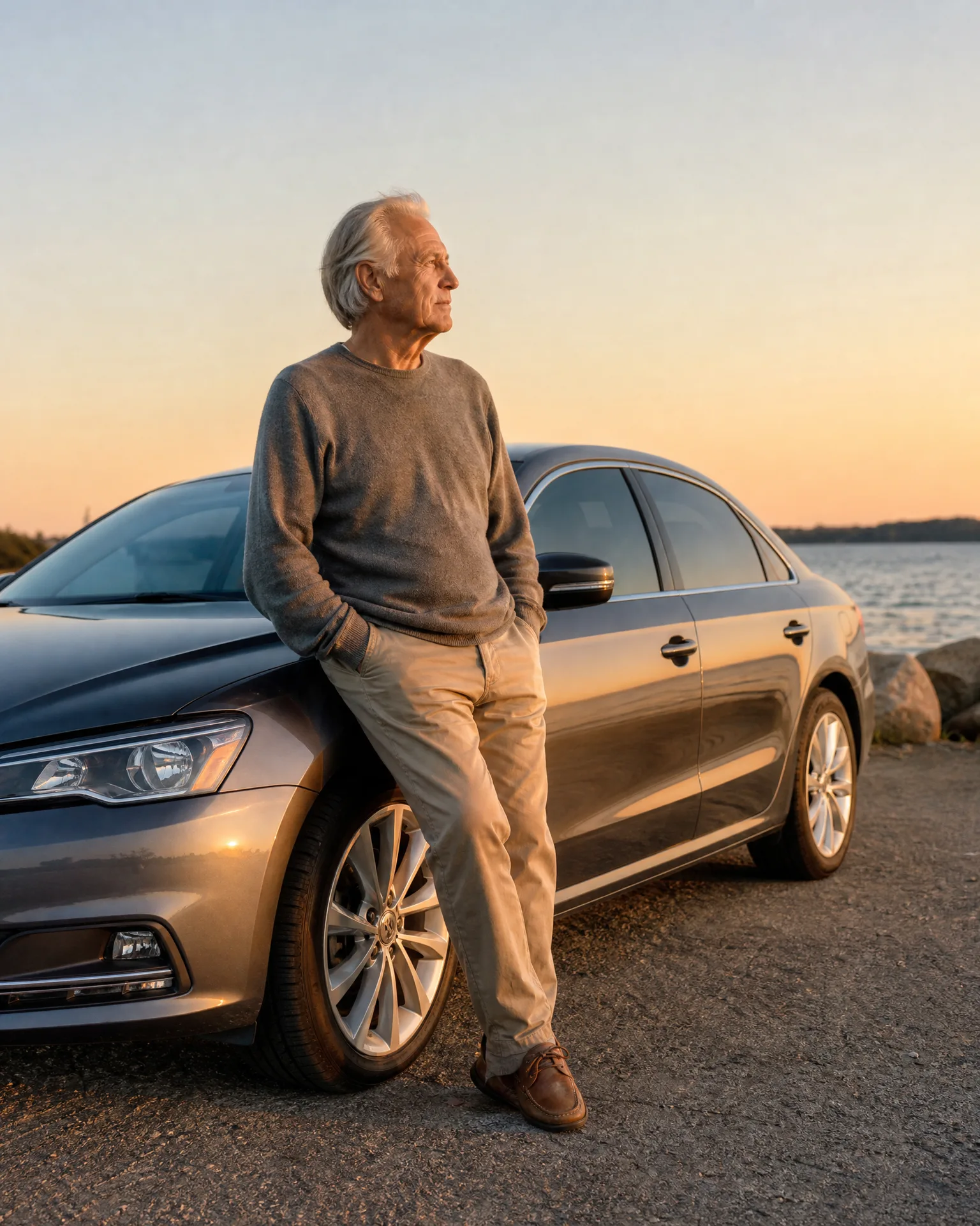 An older man with white hair in a gray sweater and khaki pants leans against the side of a dark sedan parked on gravel near a water's edge at sunset.