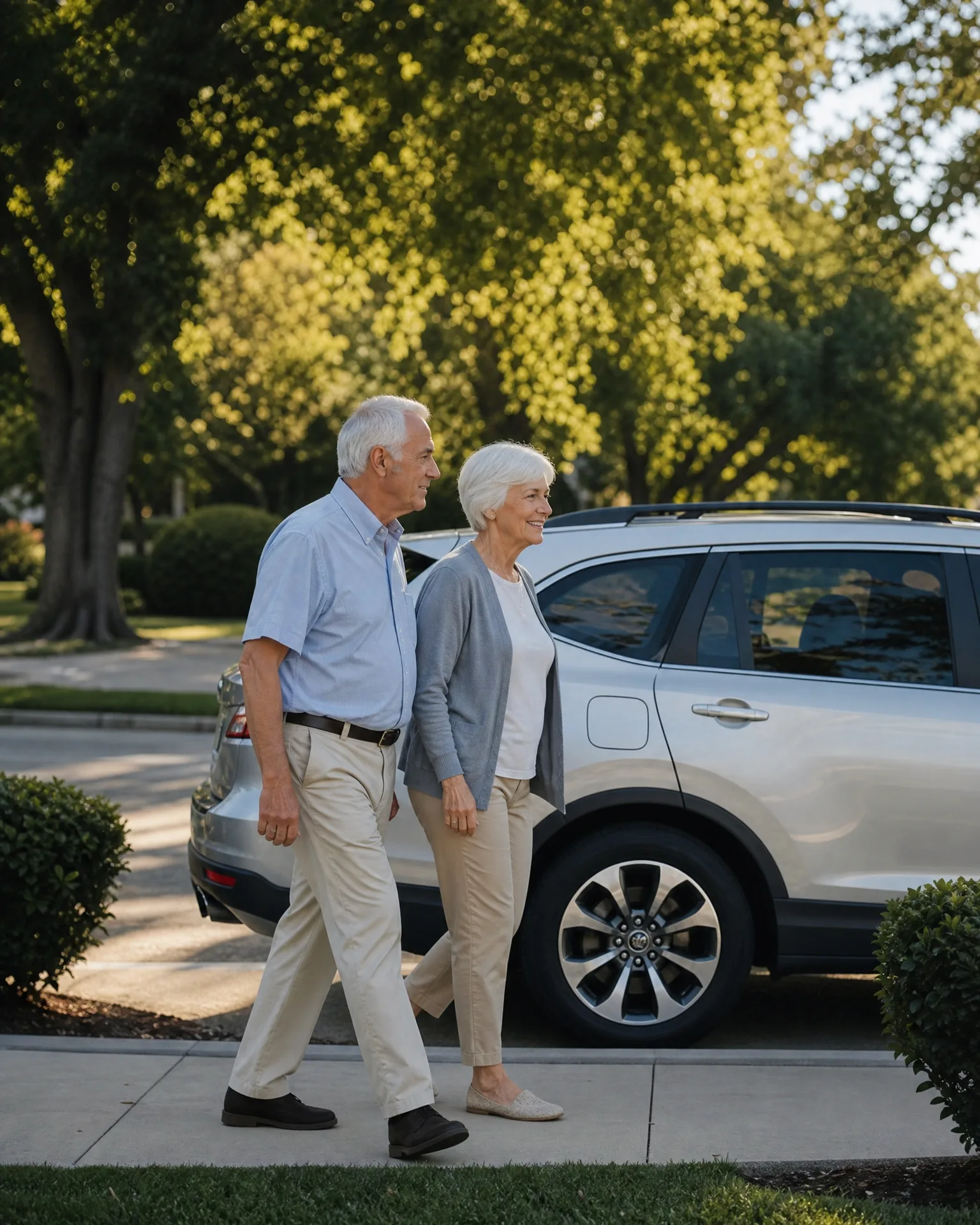 An older man and woman with white hair walk along a sidewalk past a parked silver SUV, with green trees and shrubs in the background.