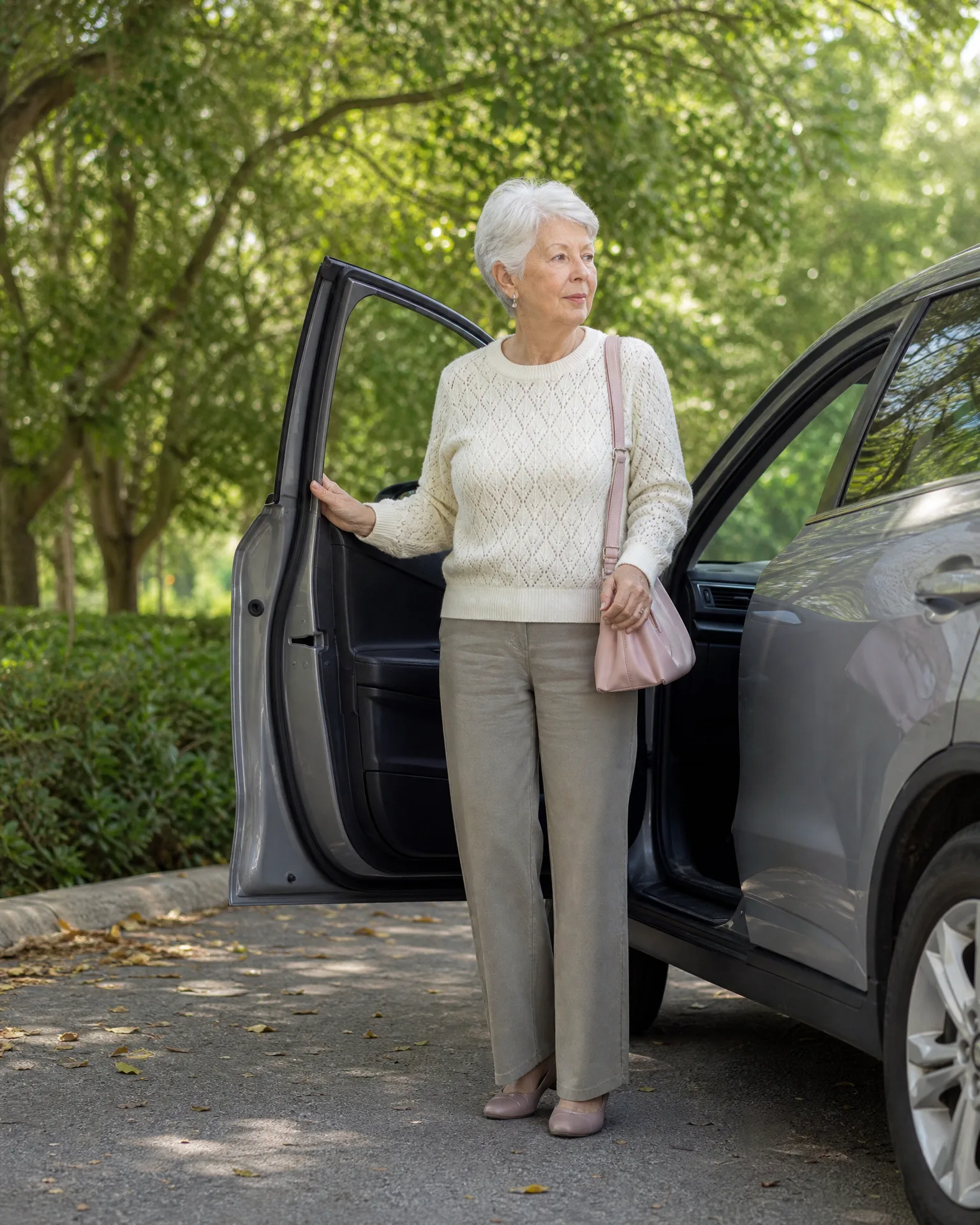 An older woman with short white hair, wearing a cream knit sweater, beige trousers and a pink shoulder bag, stands beside an open front door of a gray SUV on a paved area with green trees and shrubs behind.