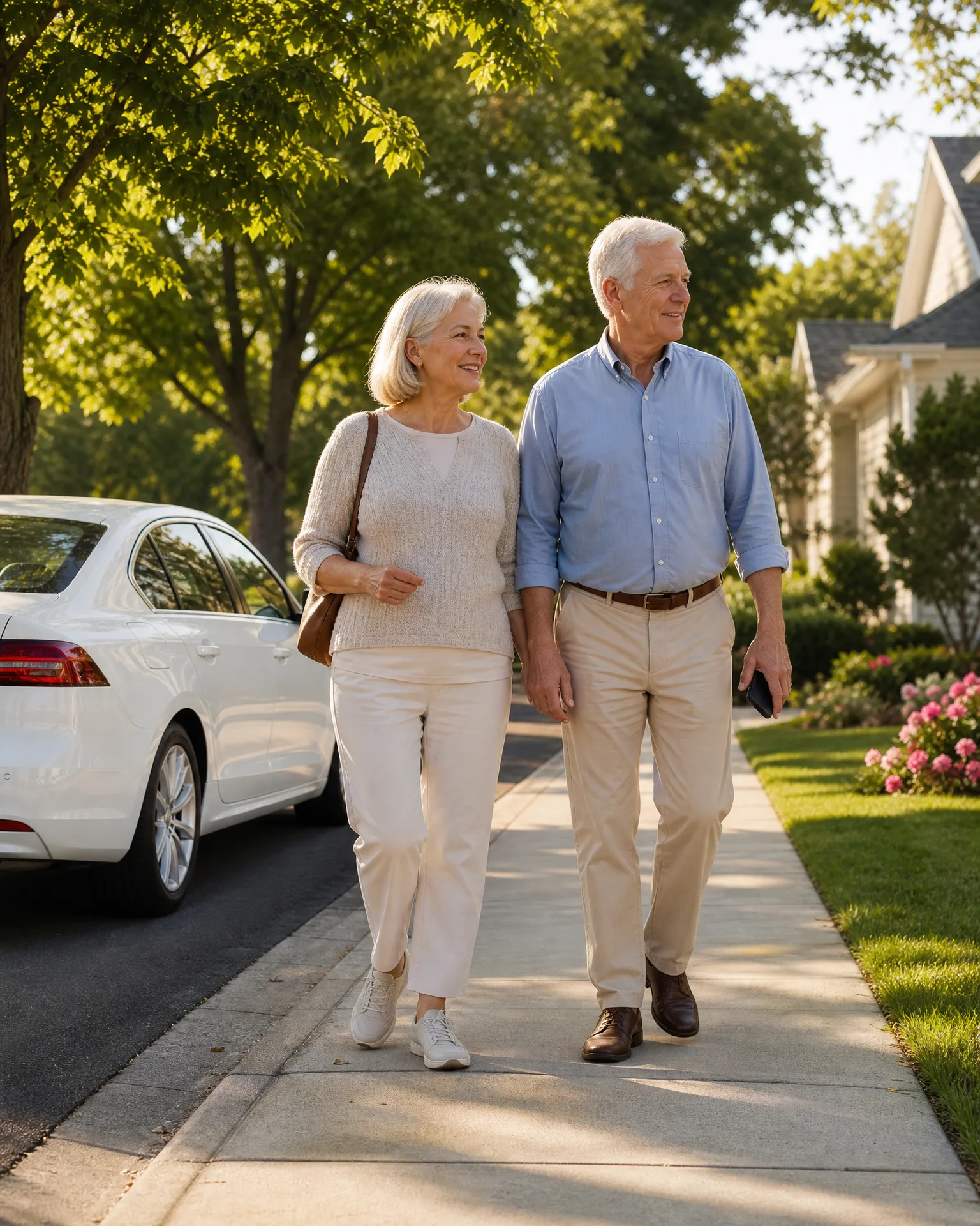 An older woman in a cream sweater and pants and an older man in a light blue shirt and khakis walk along a sidewalk past a white parked car, with trees, a house and flowering shrubs in the background.
