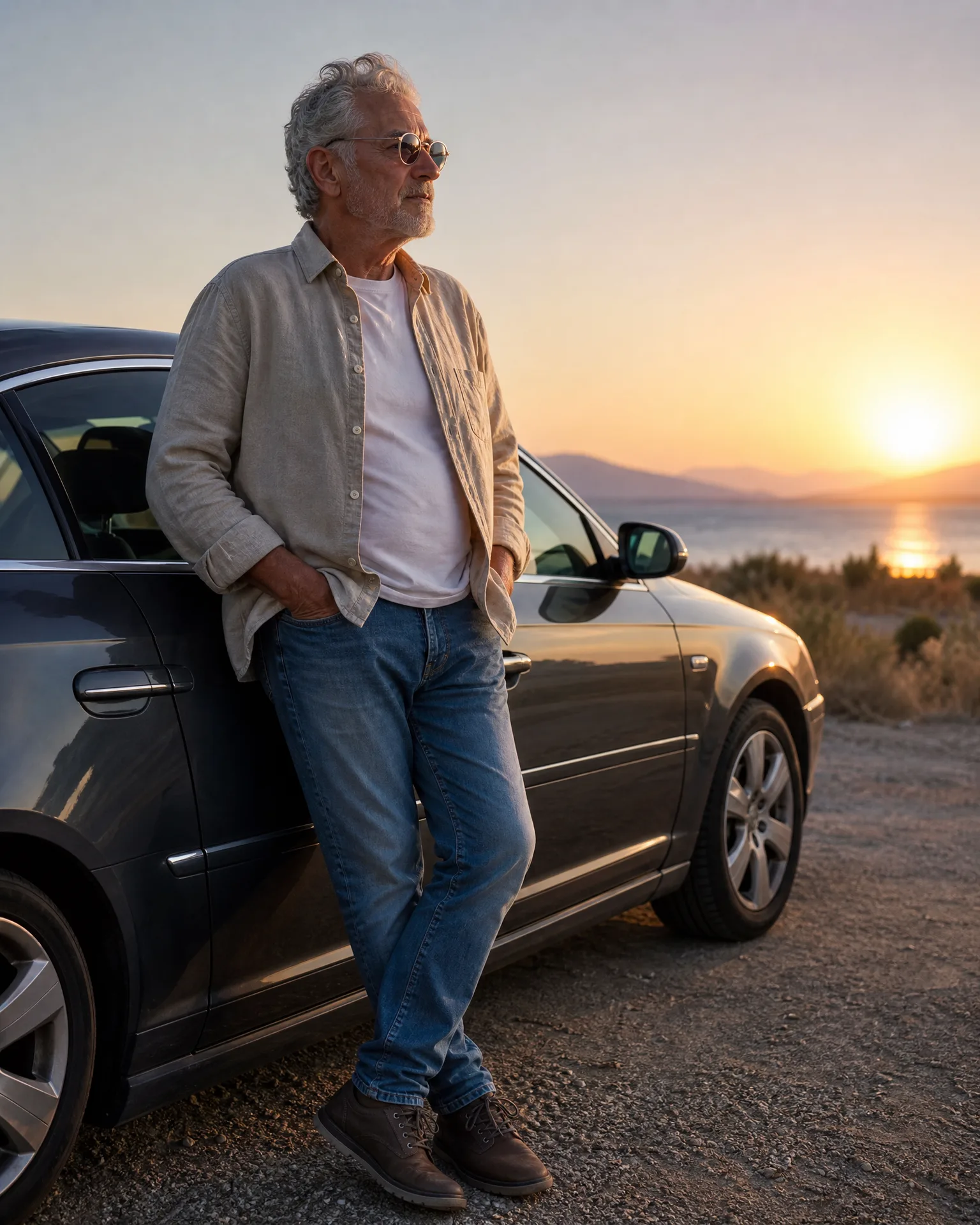 A gray-haired man in sunglasses, an open beige shirt, white T-shirt and jeans leans against a dark sedan on a gravel overlook, with sea, distant hills and a low sun behind him.