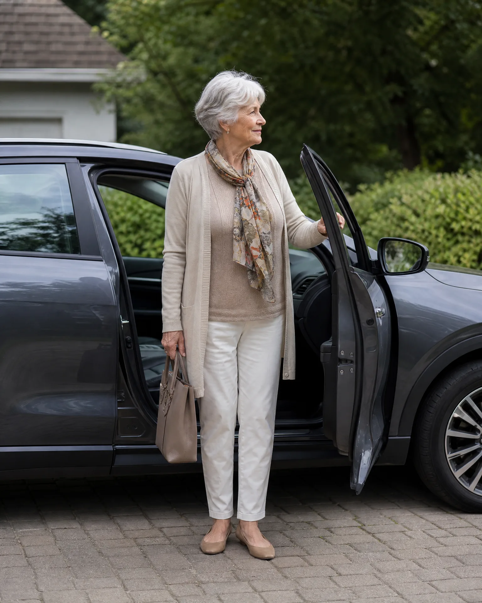 An older woman with short white hair, wearing a cream cardigan, patterned scarf, white trousers and flat shoes, holds a handbag while standing beside the open rear door of a dark SUV on a paved driveway with hedges and trees behind.