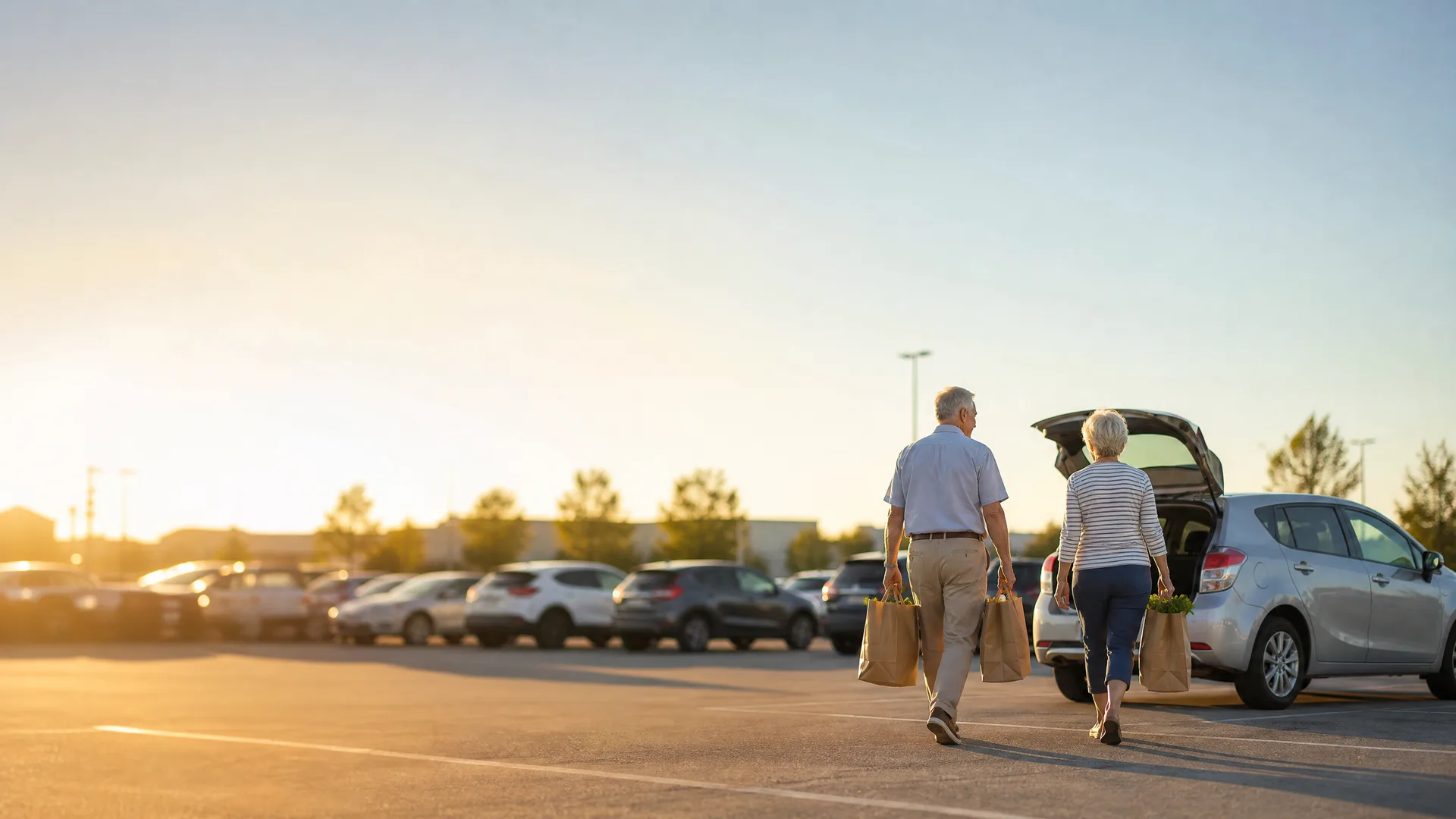 Two people carrying paper grocery bags walk across a parking lot toward a silver hatchback with its rear hatch open, with rows of parked cars and a low horizon under a clear sky.