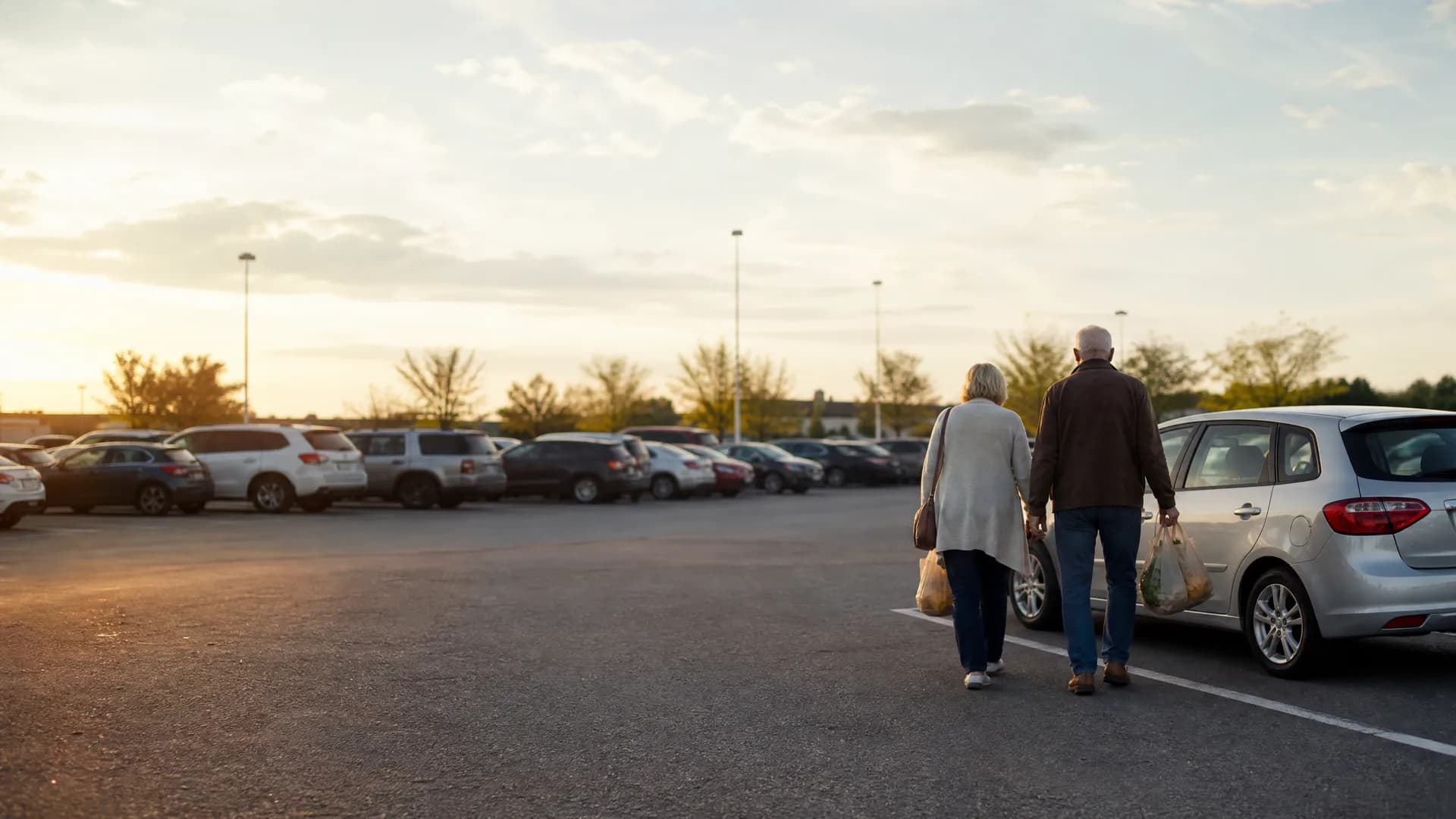 An older couple carrying shopping bags walks away from the camera across a parking lot lined with parked cars under a hazy sky at sunset.
