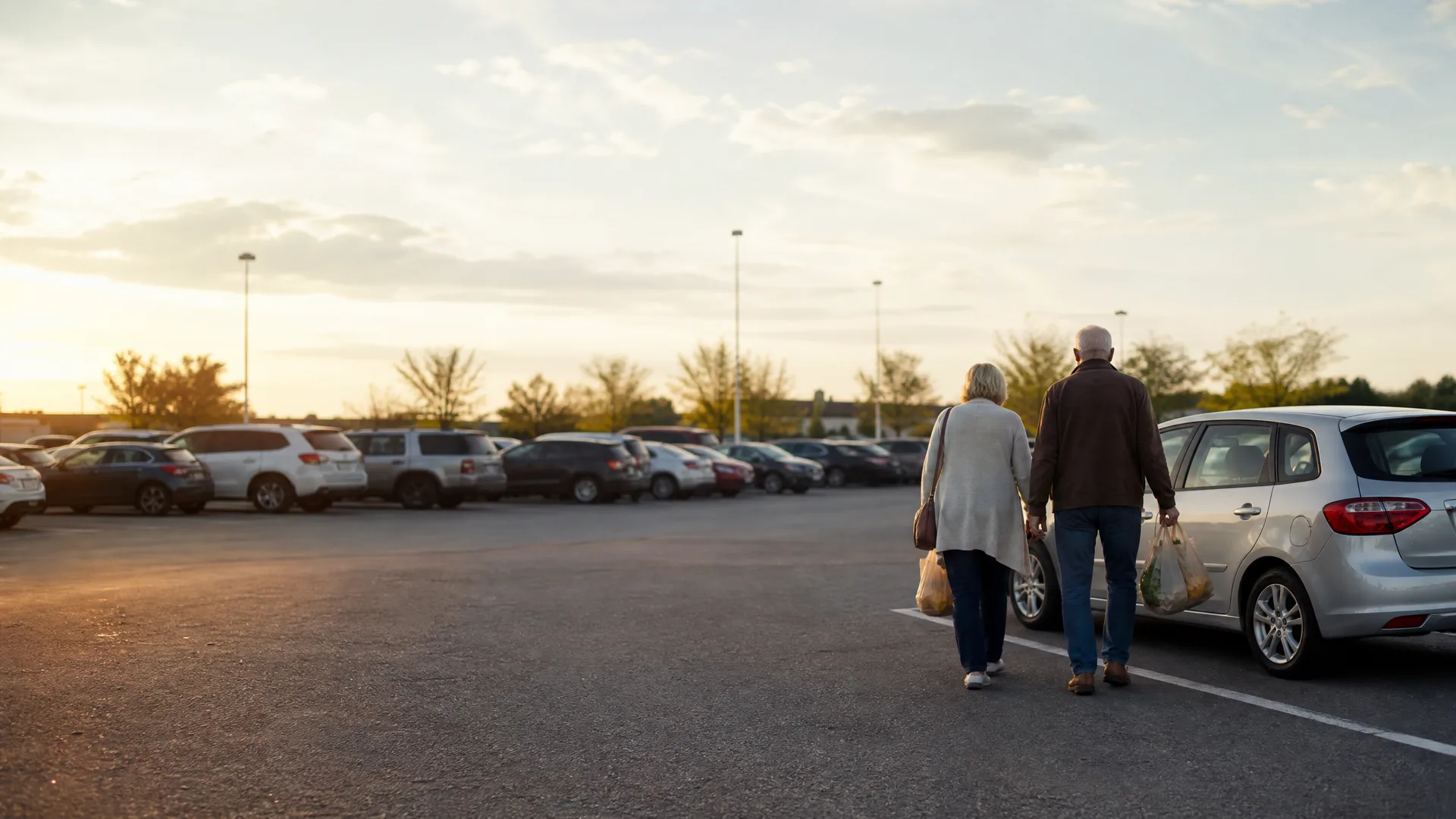 An older couple carrying shopping bags walks away from the camera across a parking lot lined with parked cars under a hazy sky at sunset.