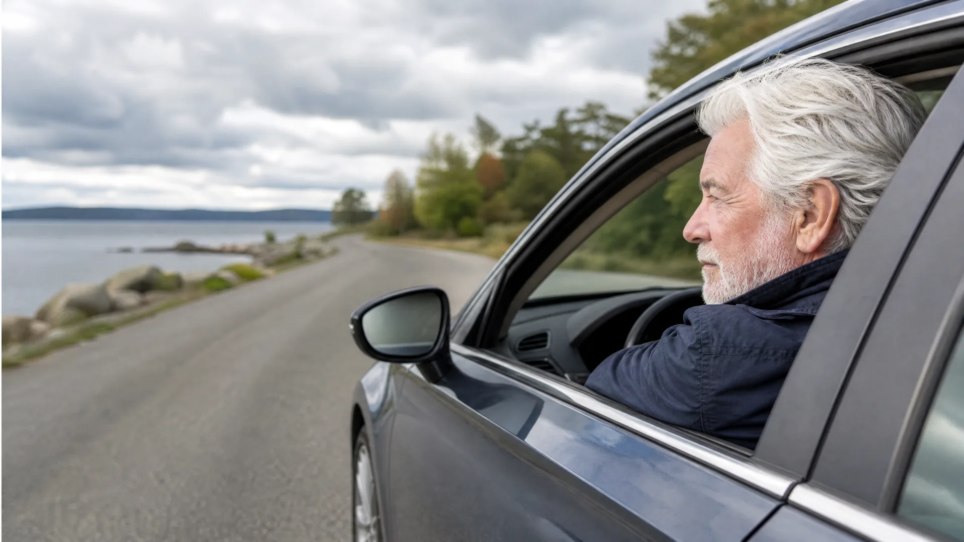 A grey-haired, bearded man looks out the open driver's window of a dark car parked on a coastal road, with water, rocks and trees under an overcast sky behind.