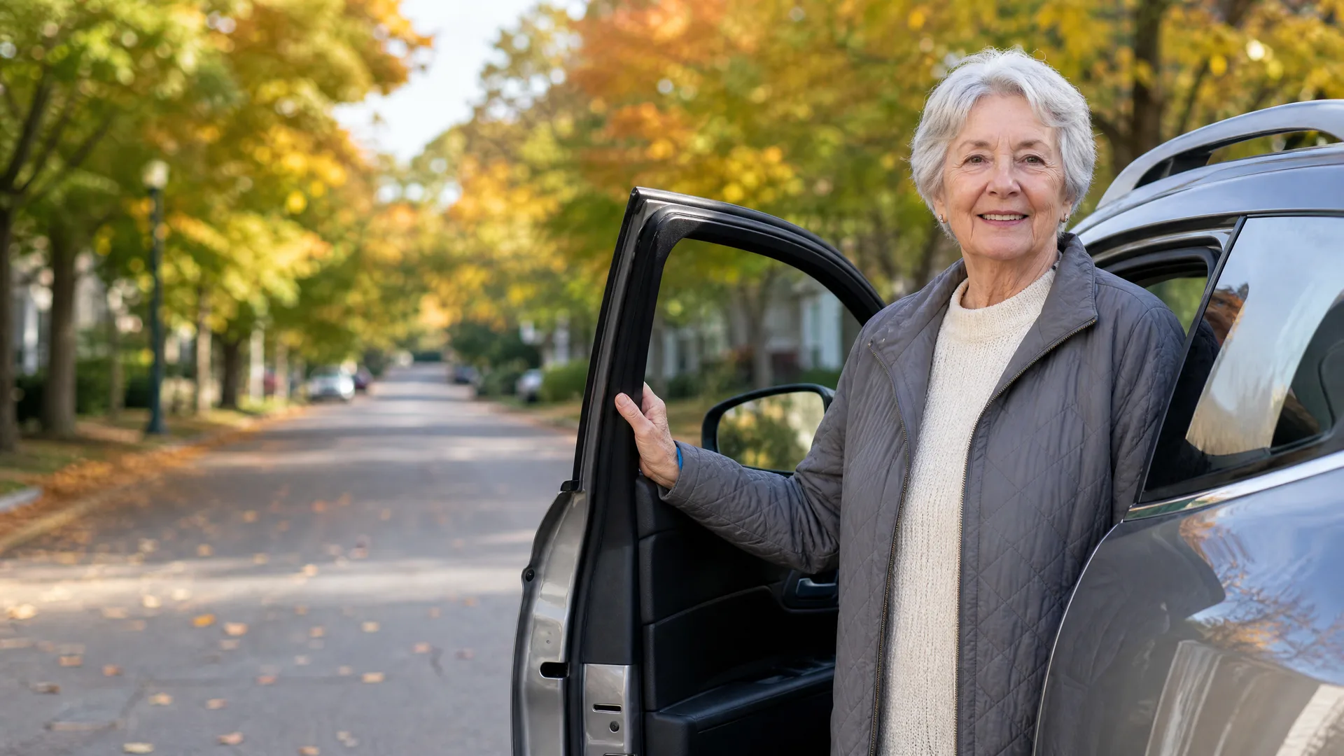 An older woman with short white hair, wearing a quilted gray jacket over a cream sweater, stands holding the open door of a dark car on a tree-lined street with yellow autumn leaves.