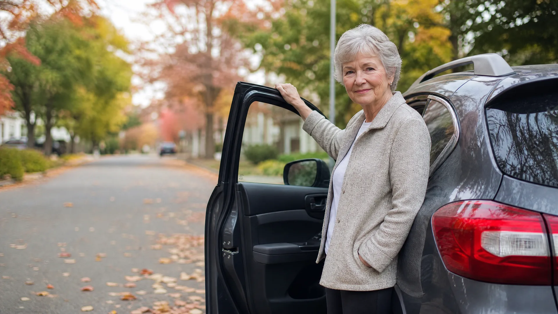 An older woman with short grey hair in a light tweed jacket stands beside an open car door of a dark SUV on a residential street lined with autumn-colored trees and fallen leaves.
