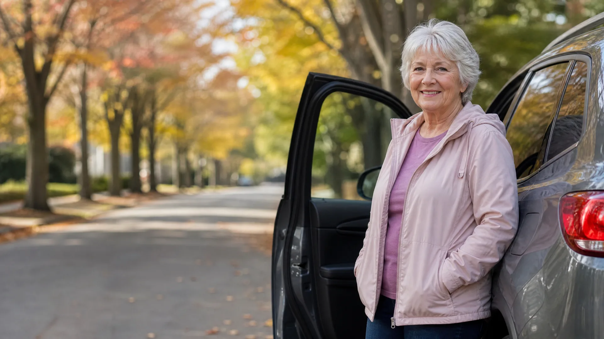 An older woman with white hair in a pink jacket stands beside an open car door on a tree-lined street with autumn foliage.