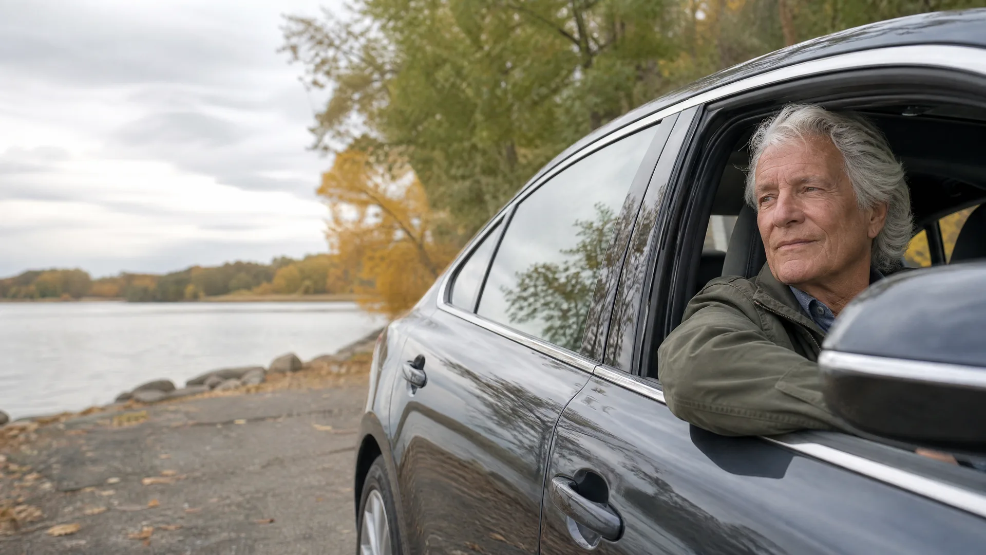 An older man with gray hair rests his arm on the open window of a dark parked car beside a lake with trees in autumn foliage under an overcast sky.