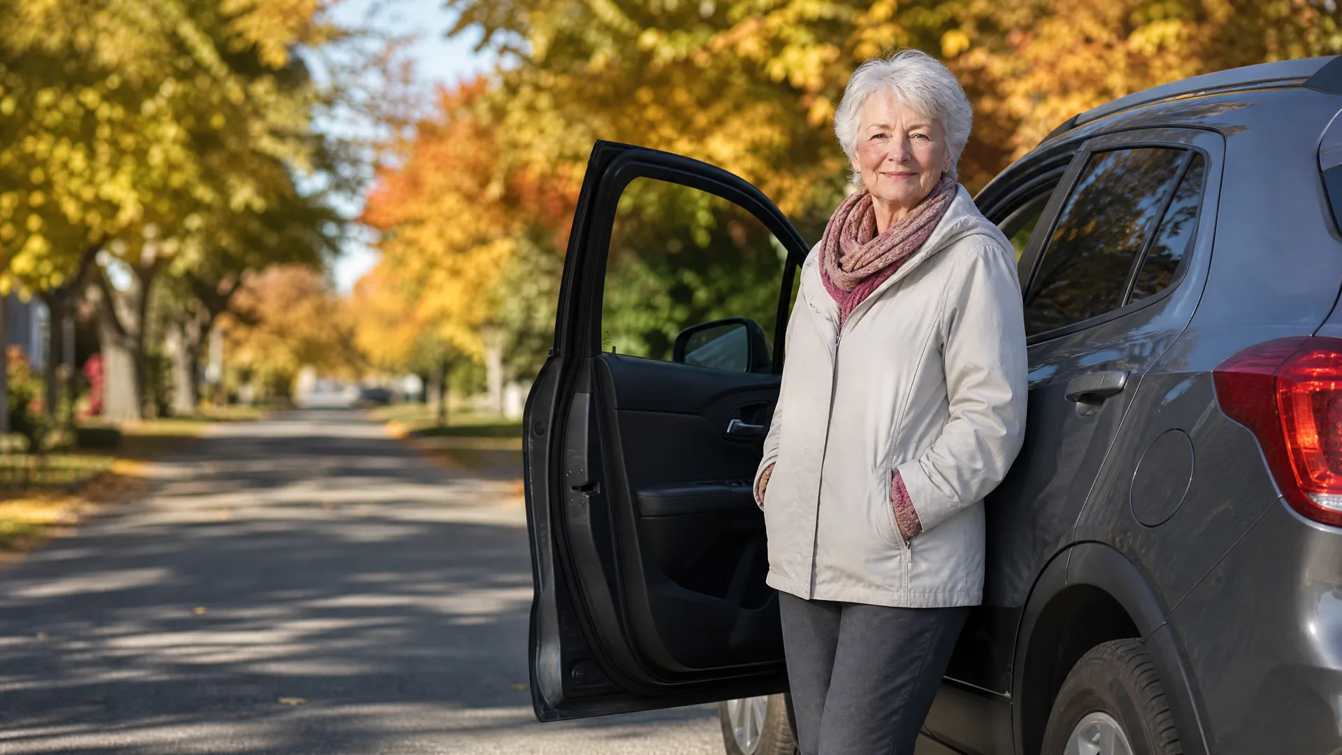 An older woman with white hair, wearing a cream jacket and patterned scarf, stands beside the open door of a dark gray SUV on a tree-lined street with autumn foliage.