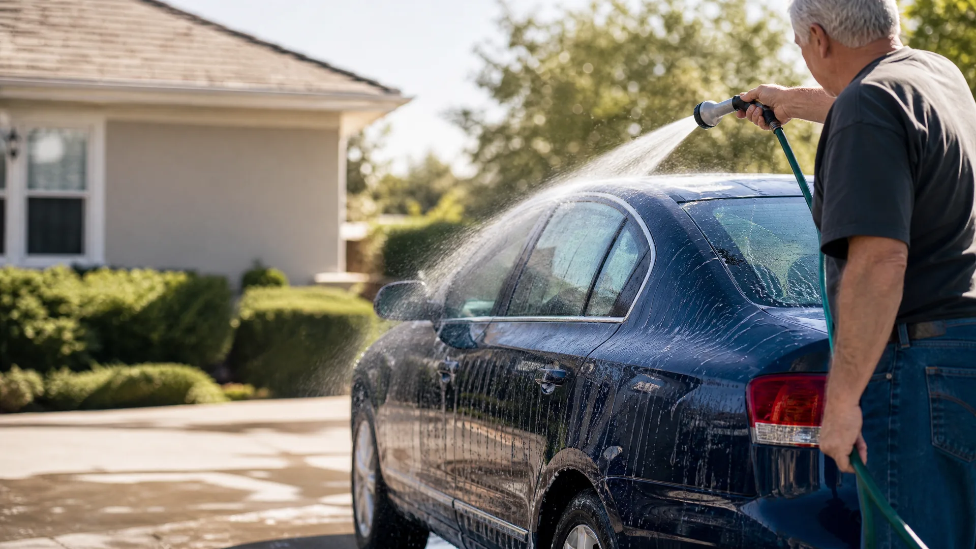 A man holding a green garden hose with a spray nozzle rinses the rear of a dark blue sedan on a driveway, with a light stucco house and shrubs in the background.