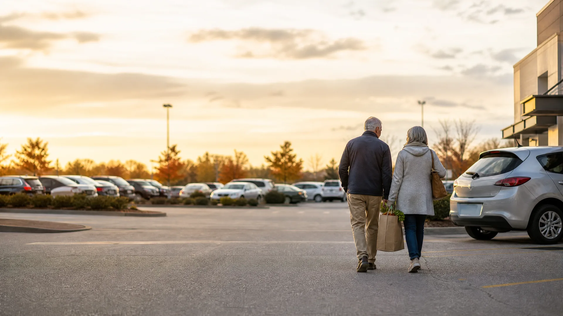 Two people walking away across a parking lot at sunset, one carrying a paper shopping bag, with parked cars, a white hatchback at right, a building corner, and autumn-colored trees in the background.
