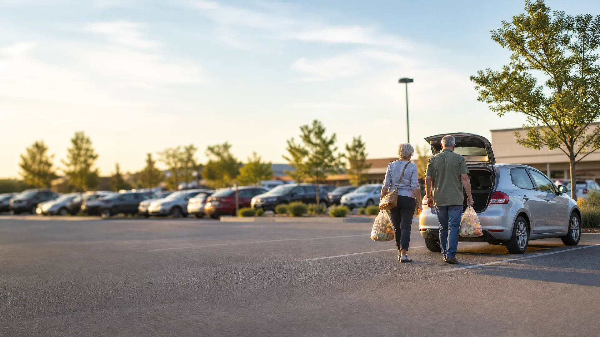 Two people carrying shopping bags walk toward a silver hatchback with its tailgate open in a parking lot, with rows of parked cars, trees and a low building behind them.