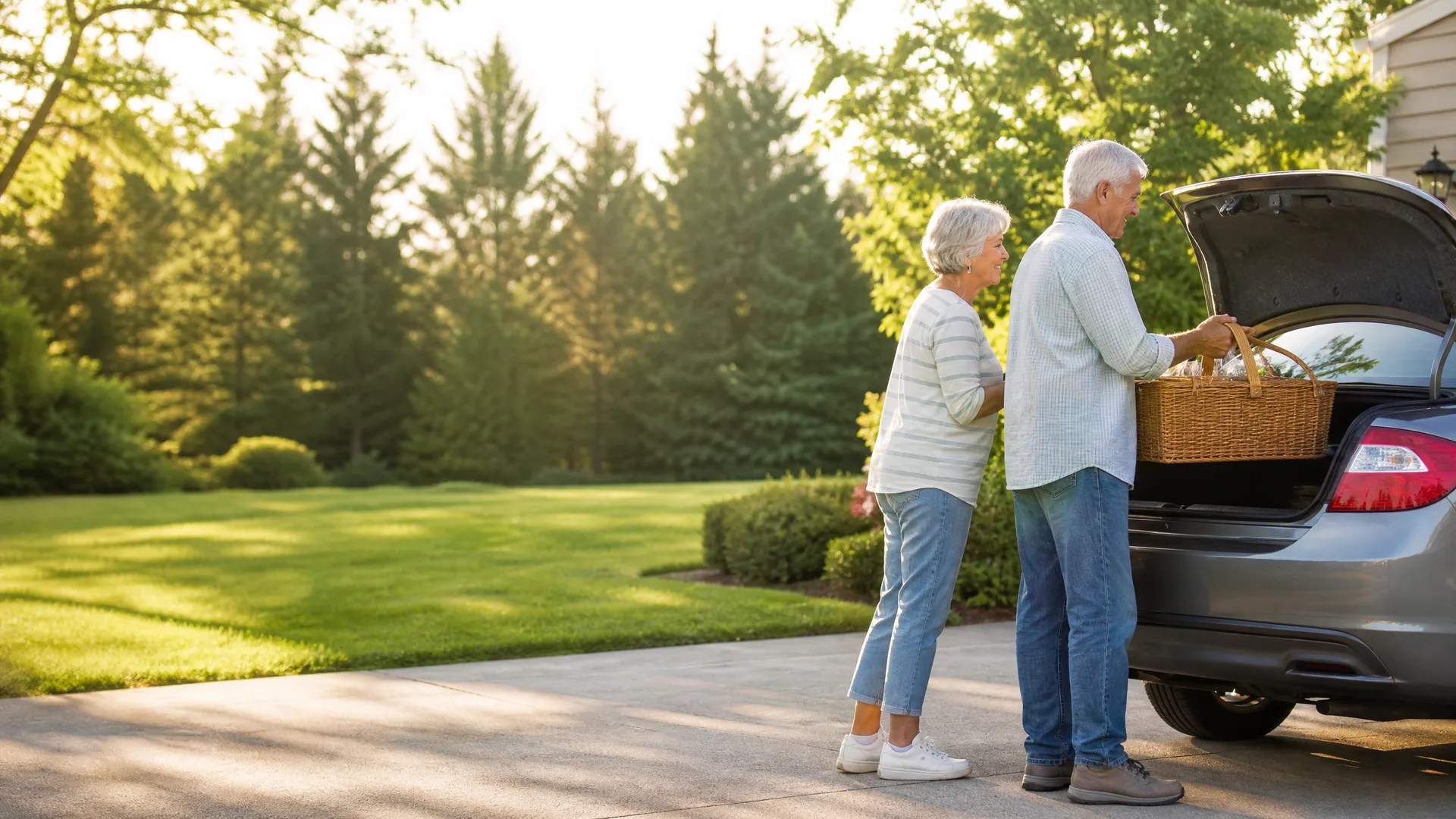 An older man and woman stand on a driveway beside an open car hatch, loading a wicker basket, with a lawn and evergreen trees behind them.