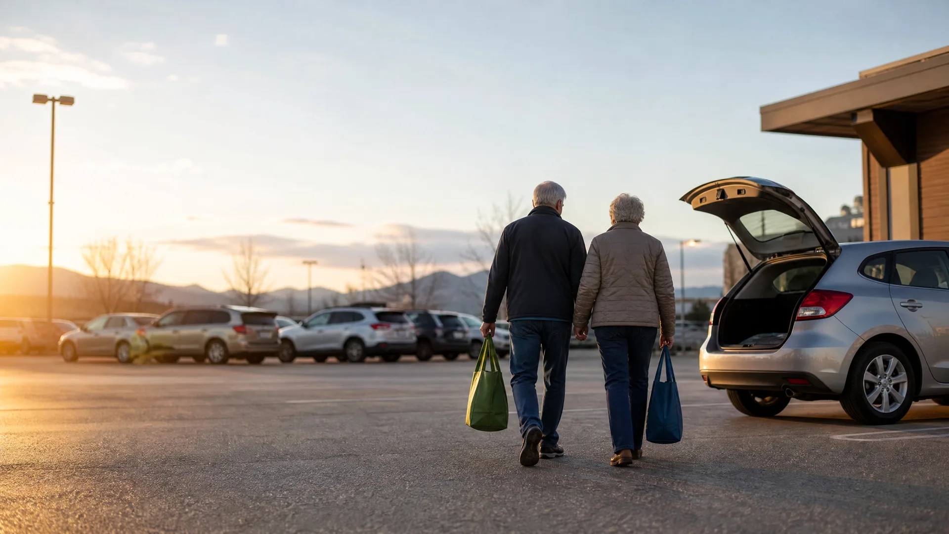 Two older adults carrying green and blue shopping bags walk away from the camera across a parking lot toward a silver hatchback with its rear hatch open, with parked cars, a wood-clad building and distant mountains at sunset.