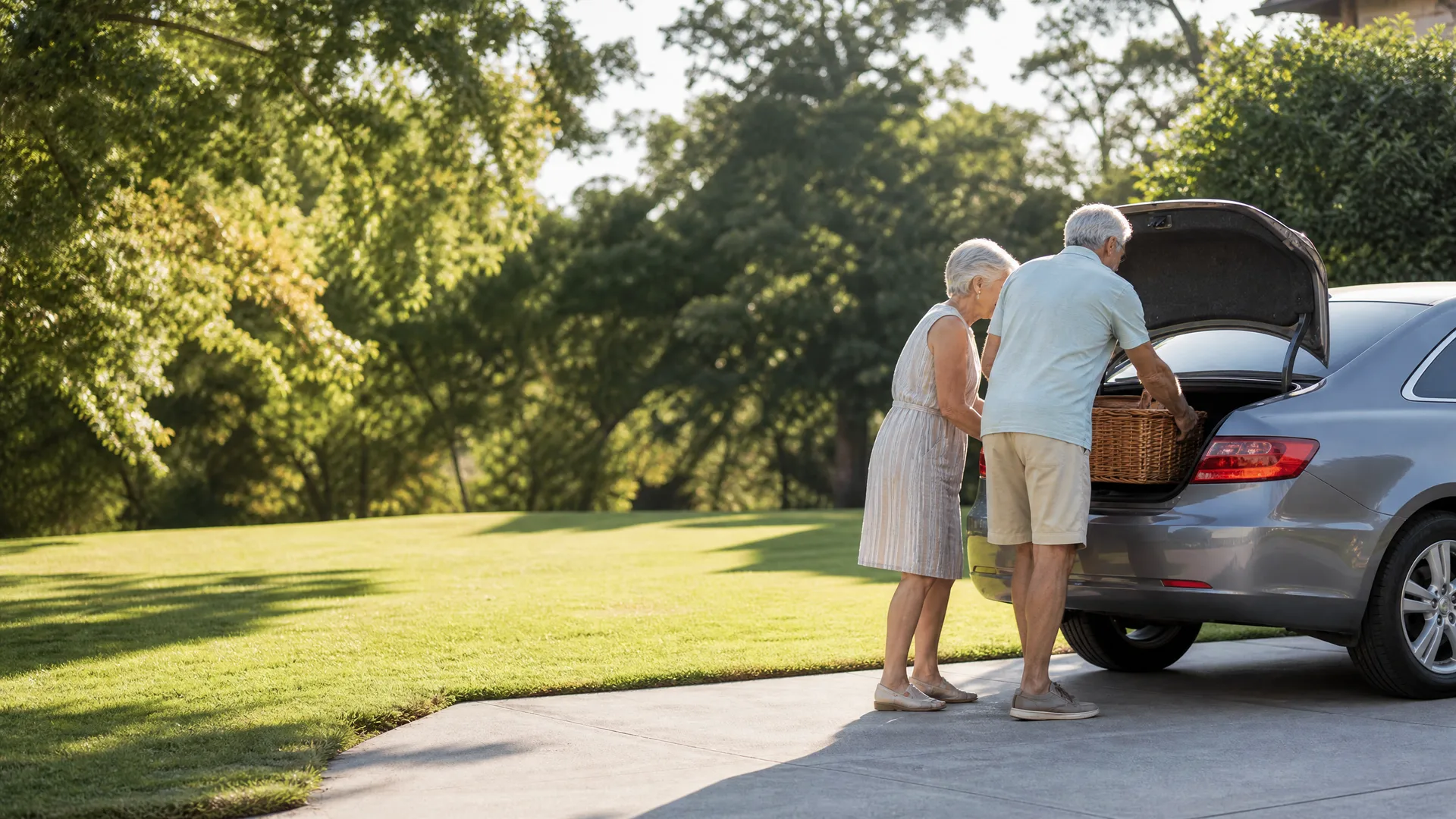 An older man and woman stand at the open trunk of a silver sedan on a concrete driveway, loading a wicker basket, with a lawn and green trees behind them.