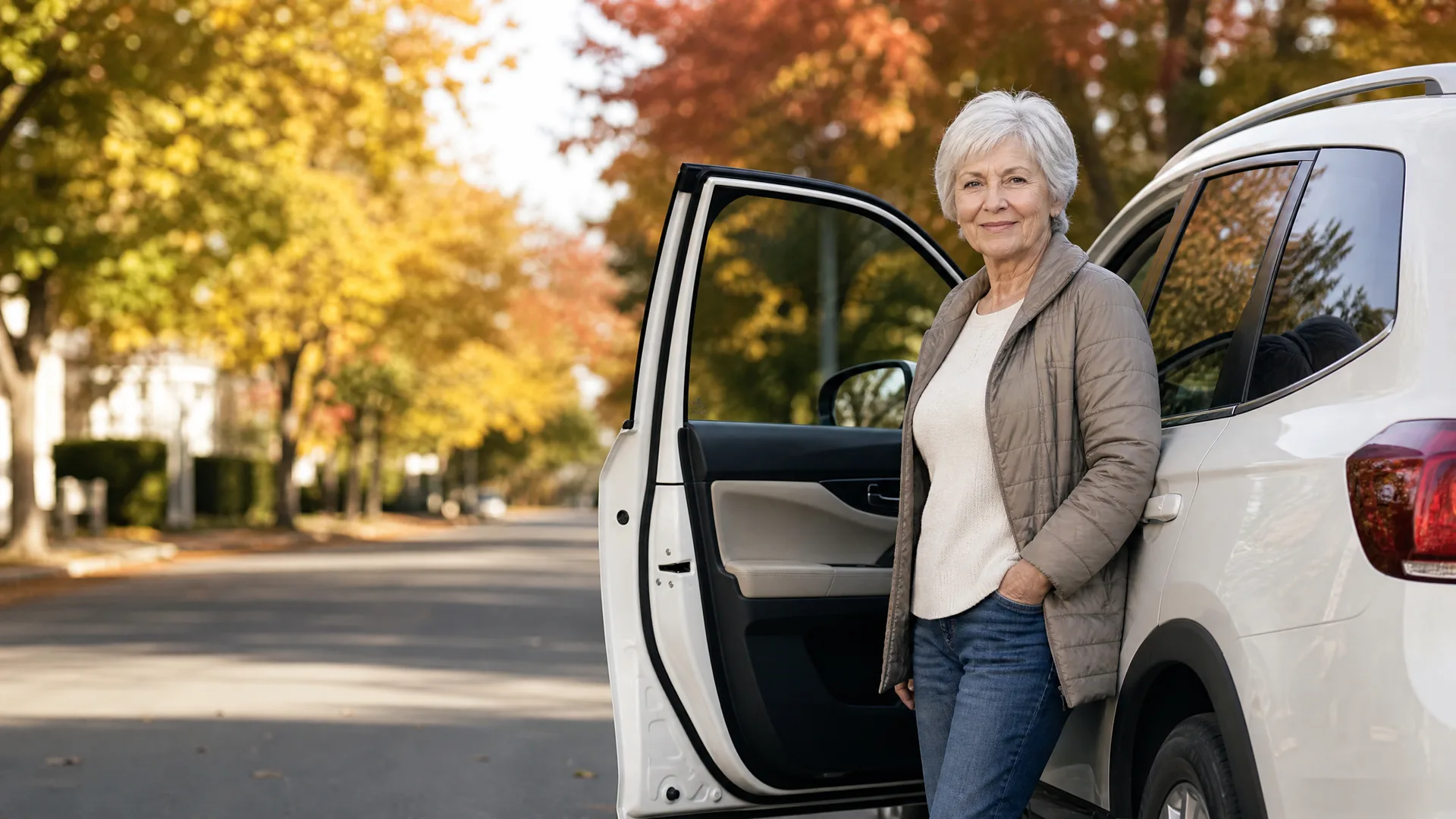 An older woman with short white hair, wearing a tan jacket and jeans, stands beside the open front door of a white SUV on a tree-lined street with autumn foliage.