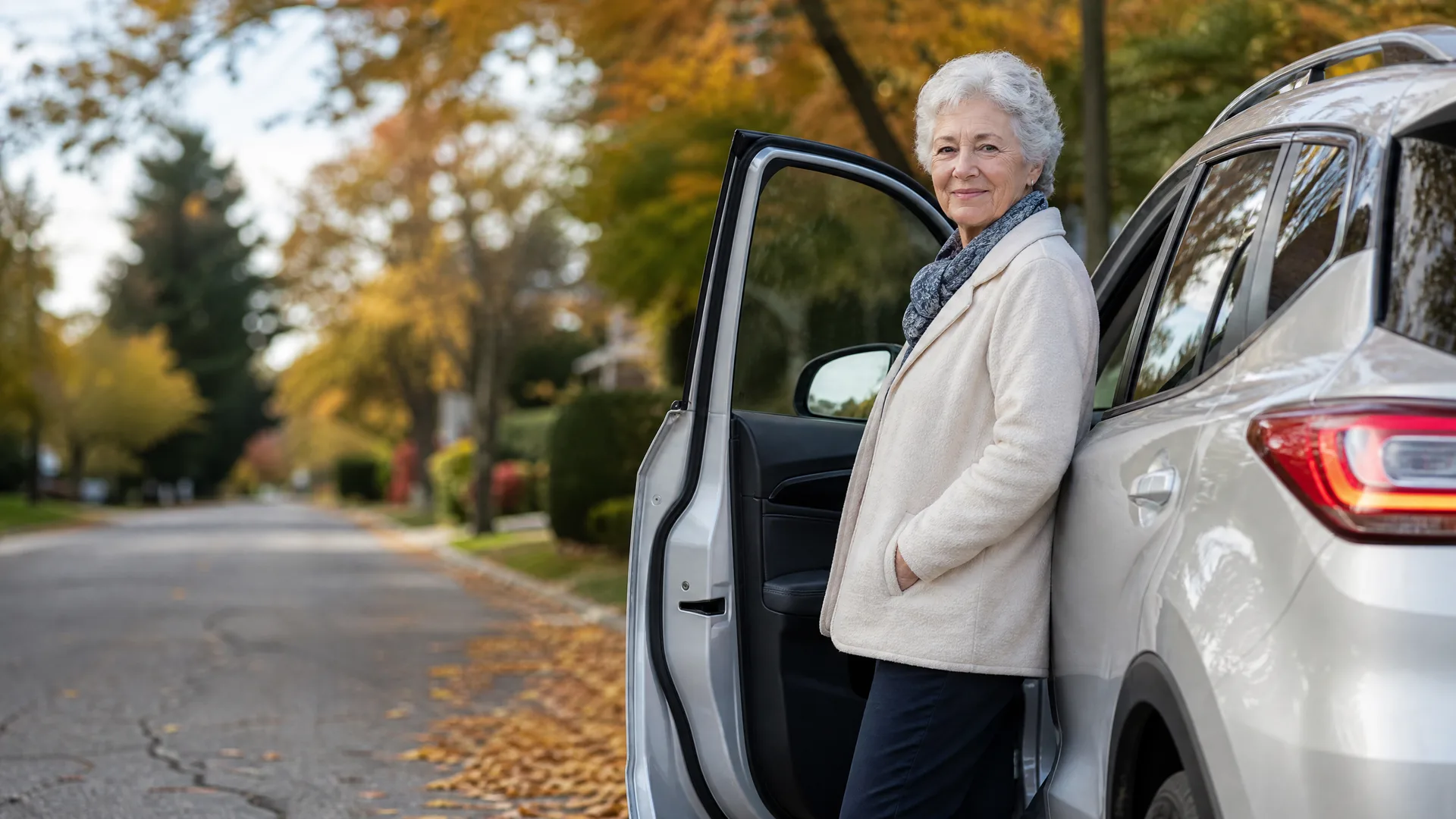 An older woman with short white hair, wearing a cream coat and grey scarf, stands beside the open front door of a silver SUV on a residential street lined with autumn-colored trees and fallen leaves.