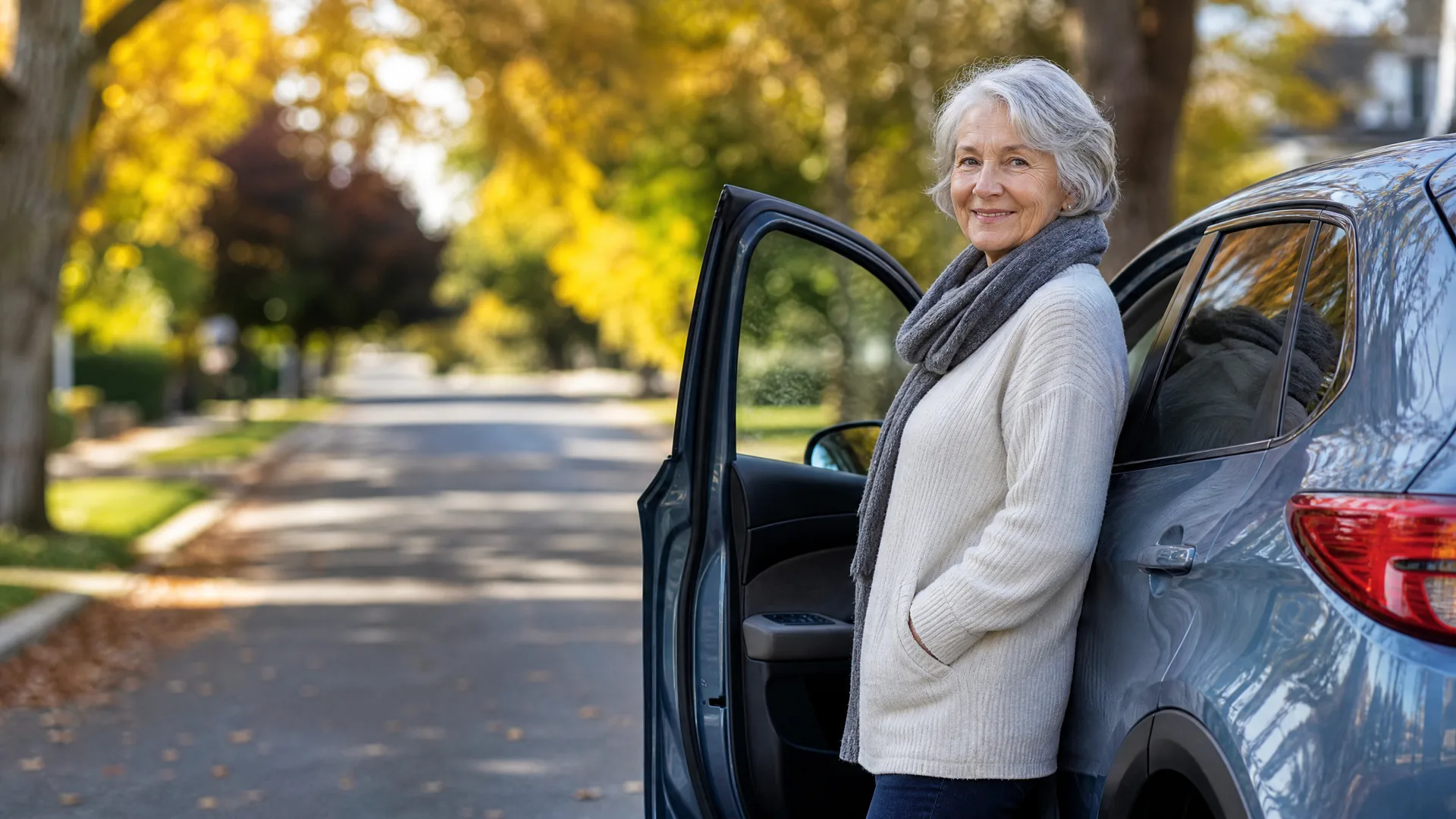 An older woman with short gray hair, wearing a cream sweater and gray scarf, stands beside the open door of a blue car on a tree-lined residential street.