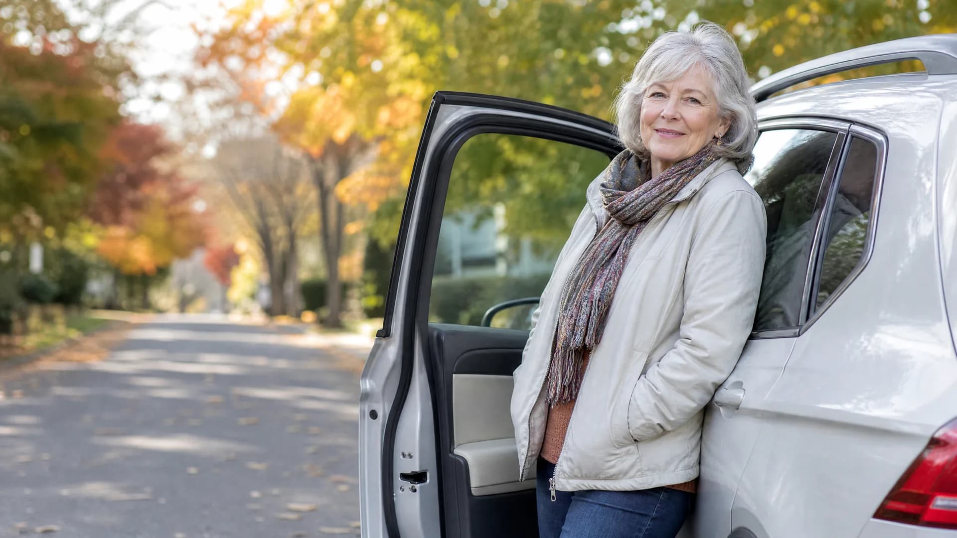 An older woman with white hair, wearing a cream jacket and patterned scarf, leans against a white car with the rear door open on a tree-lined street with autumn foliage.