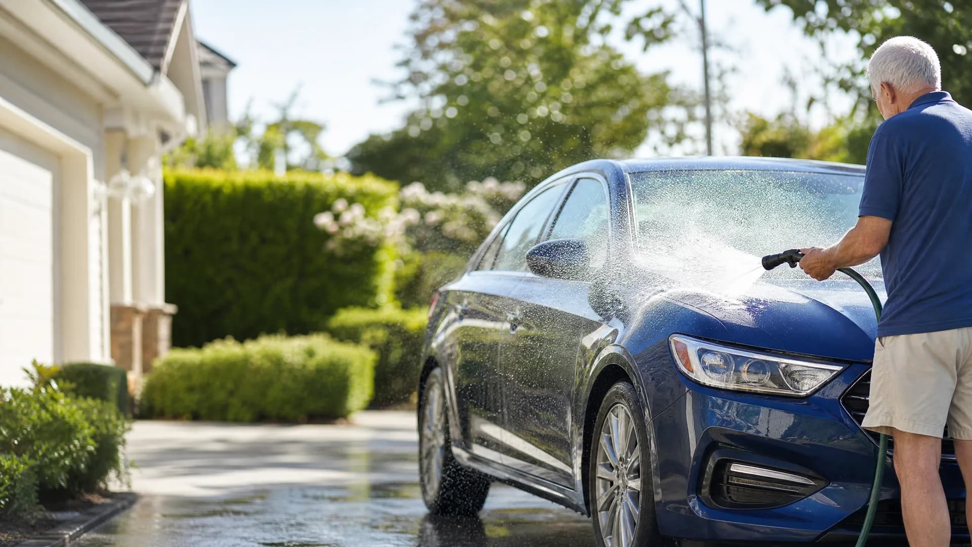 A man in a blue shirt and khaki shorts sprays water from a hose nozzle onto a blue sedan parked on a driveway beside a garage and trimmed hedges.