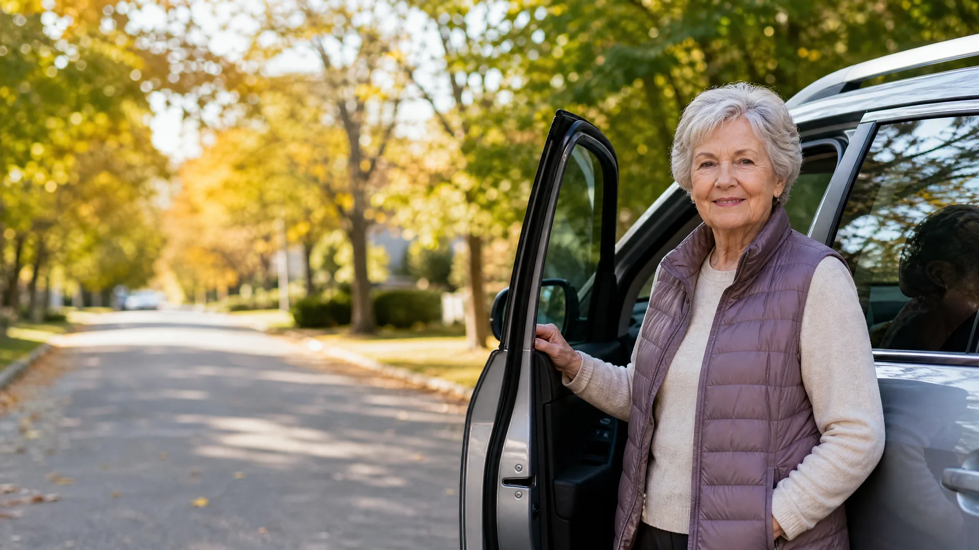 An older woman with short white hair, wearing a purple quilted vest over a cream sweater, stands beside an open door of a silver SUV on a tree-lined residential street with yellowing autumn leaves.