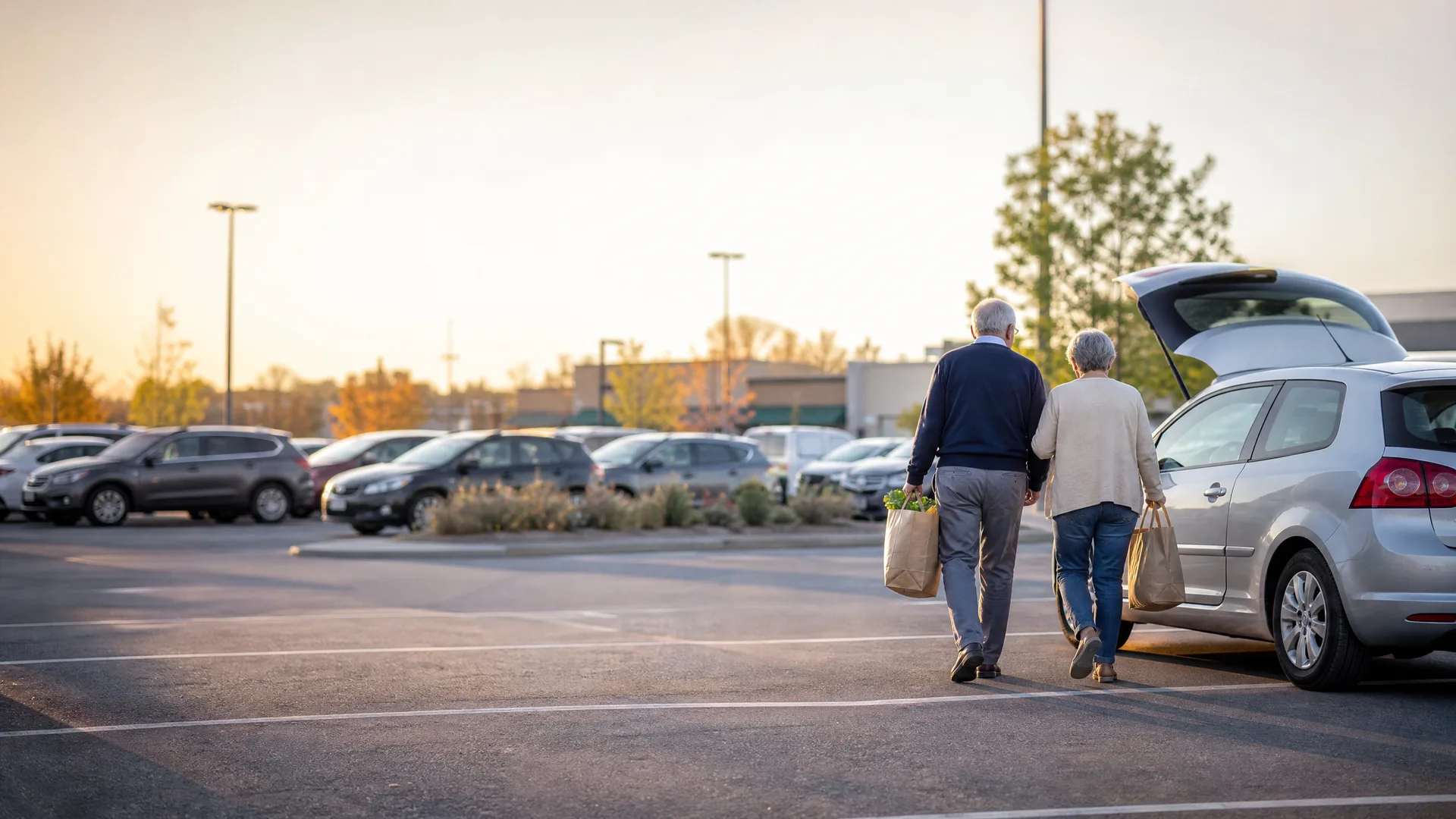 Two older people carrying paper grocery bags walk toward a silver hatchback with its rear tailgate open in a parking lot, with rows of parked cars, light poles and trees behind them at sunset.
