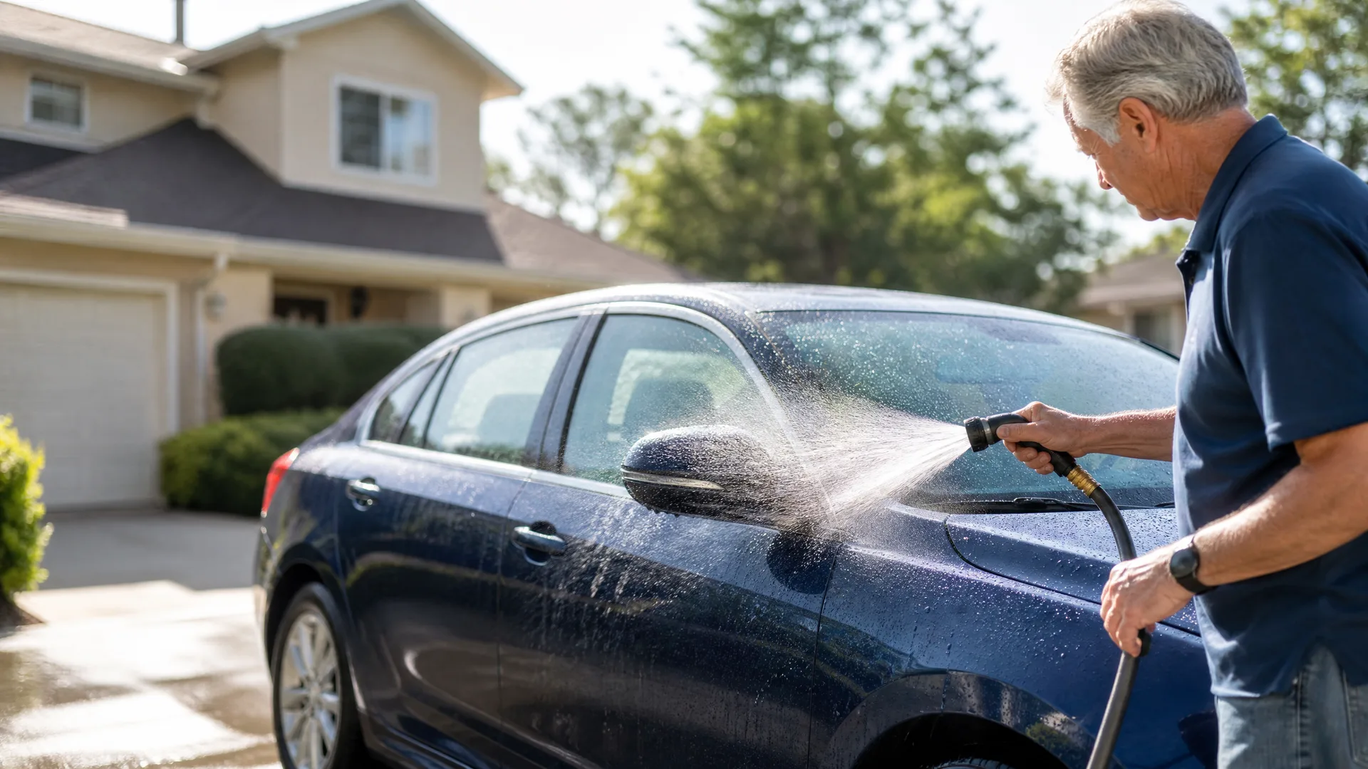 An older man in a dark blue polo shirt sprays water from a hose nozzle onto a dark blue sedan in a driveway in front of a light-colored two-story house with an attached garage.