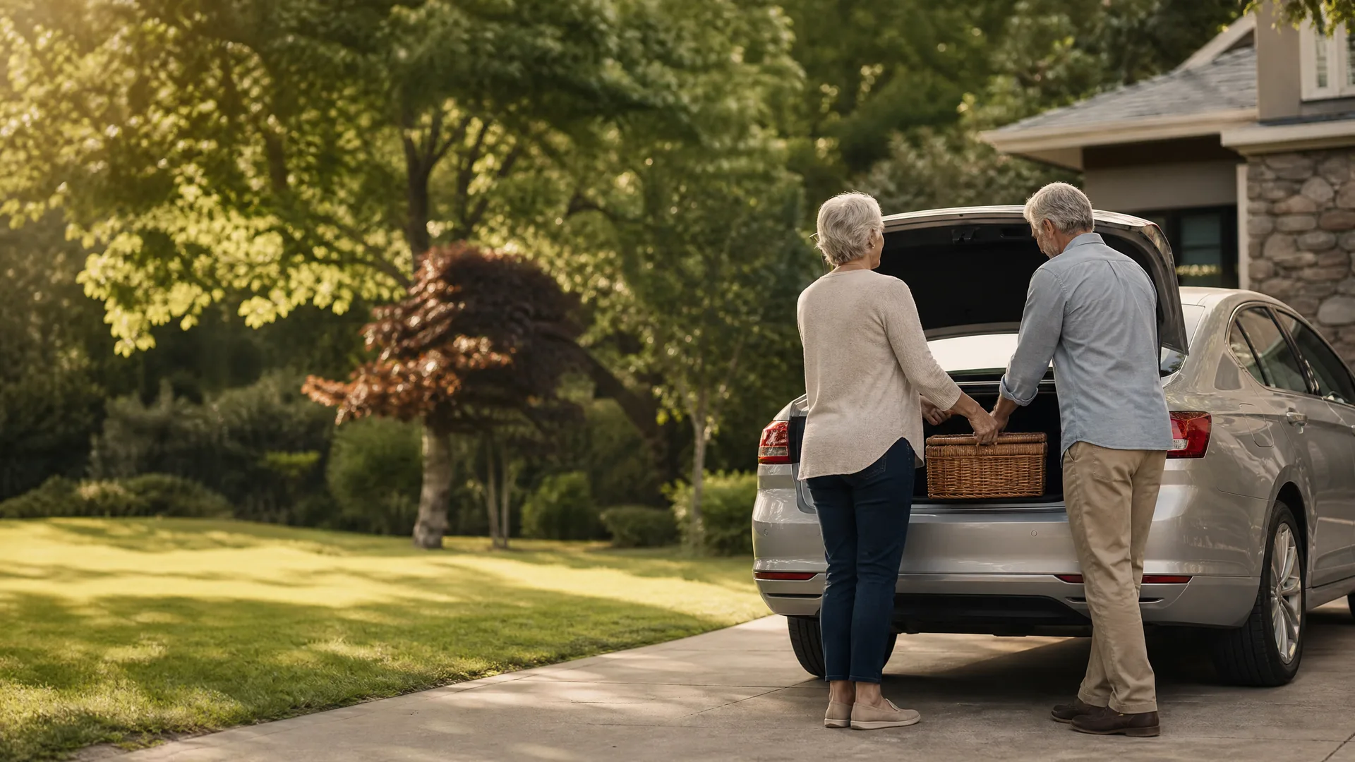 Two older adults stand at the open rear hatch of a silver car in a driveway, holding a wicker basket, with trees, lawn and a stone-faced house behind them.