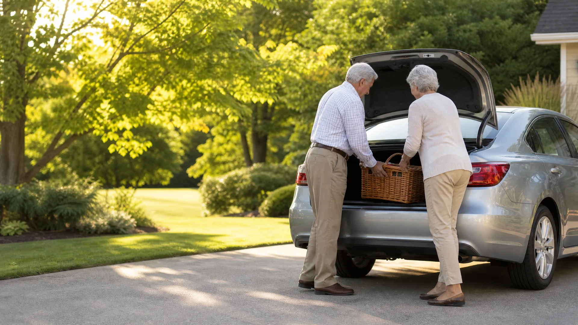 An older man and woman load a wicker basket into the open trunk of a silver sedan parked on a driveway beside a lawn and green trees.