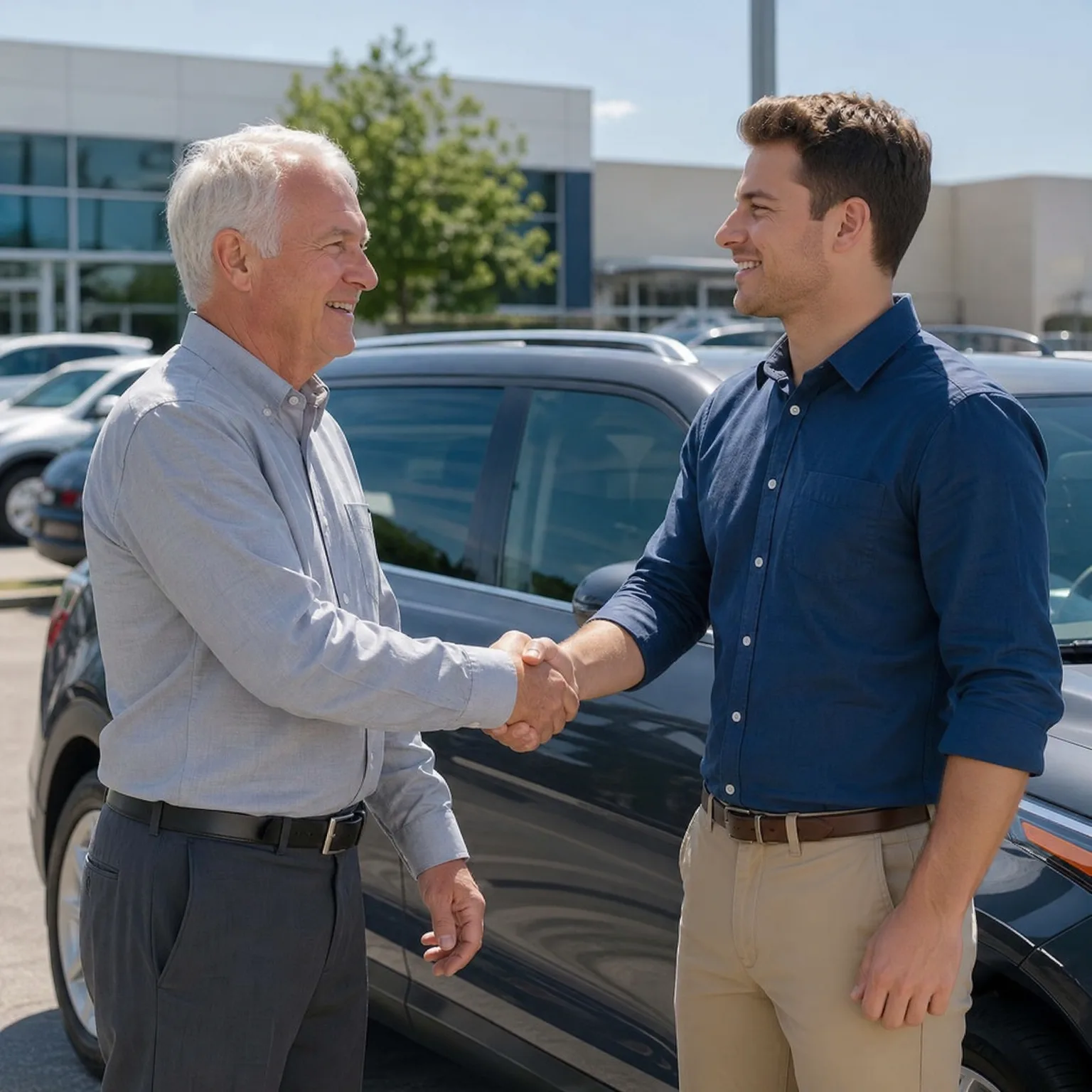 Two men, one older in a light blue shirt and one younger in a dark blue shirt and khakis, shake hands outdoors beside parked cars in front of a glass-fronted building.