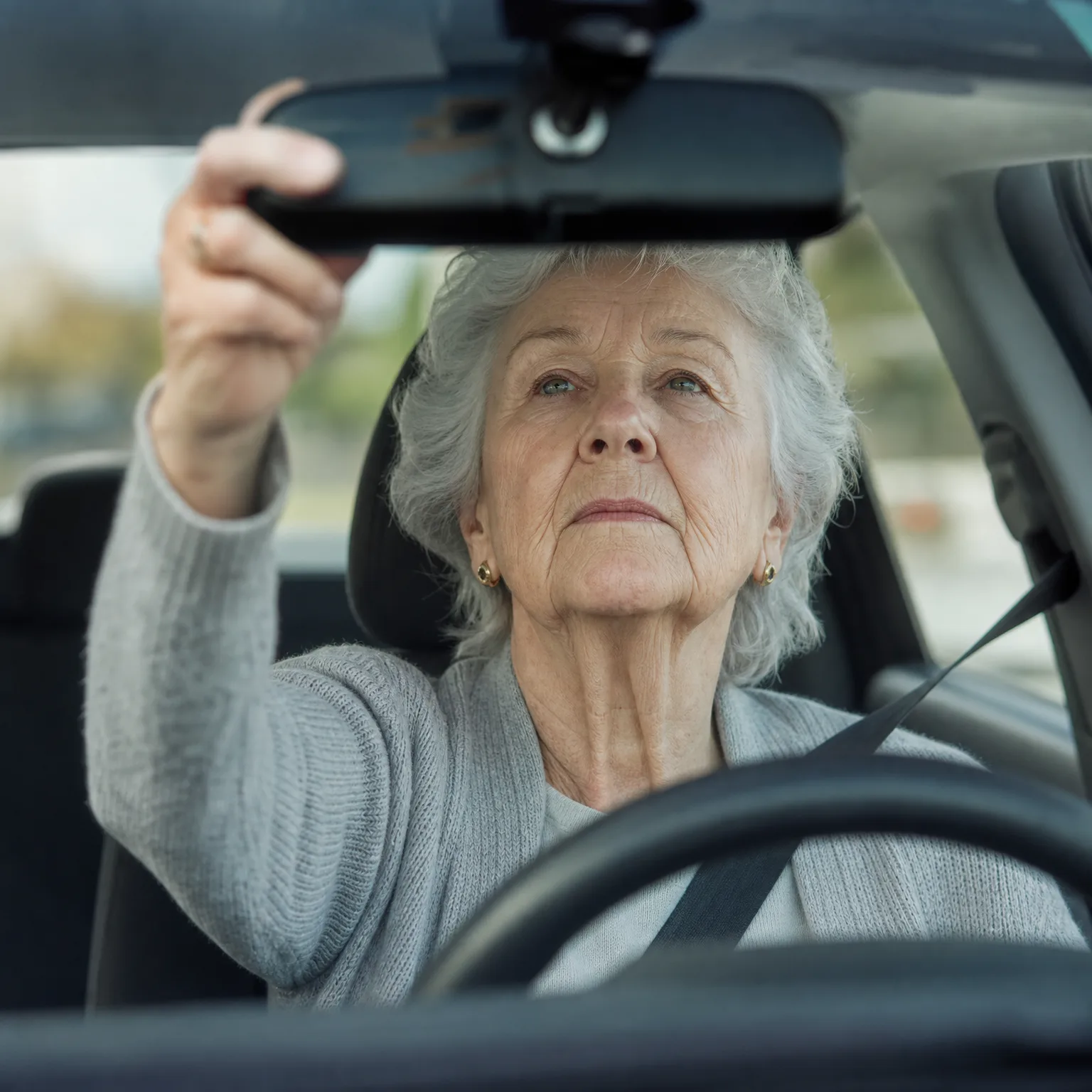 An older woman with short grey hair, wearing a grey cardigan and seat belt, reaches up to adjust the rear-view mirror while seated behind a car's steering wheel.