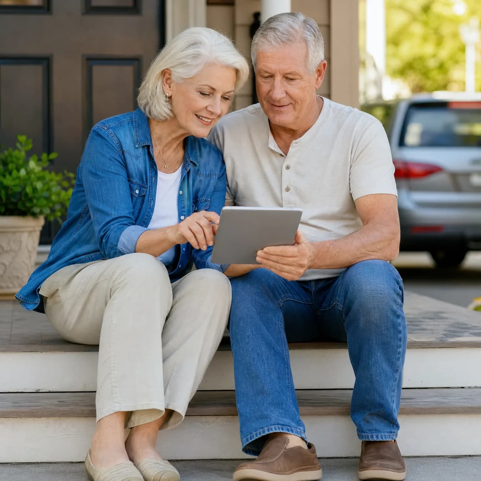 An older woman in a denim shirt and an older man in a beige shirt and jeans sit together on porch steps looking at a tablet, with a potted plant and a parked car nearby.