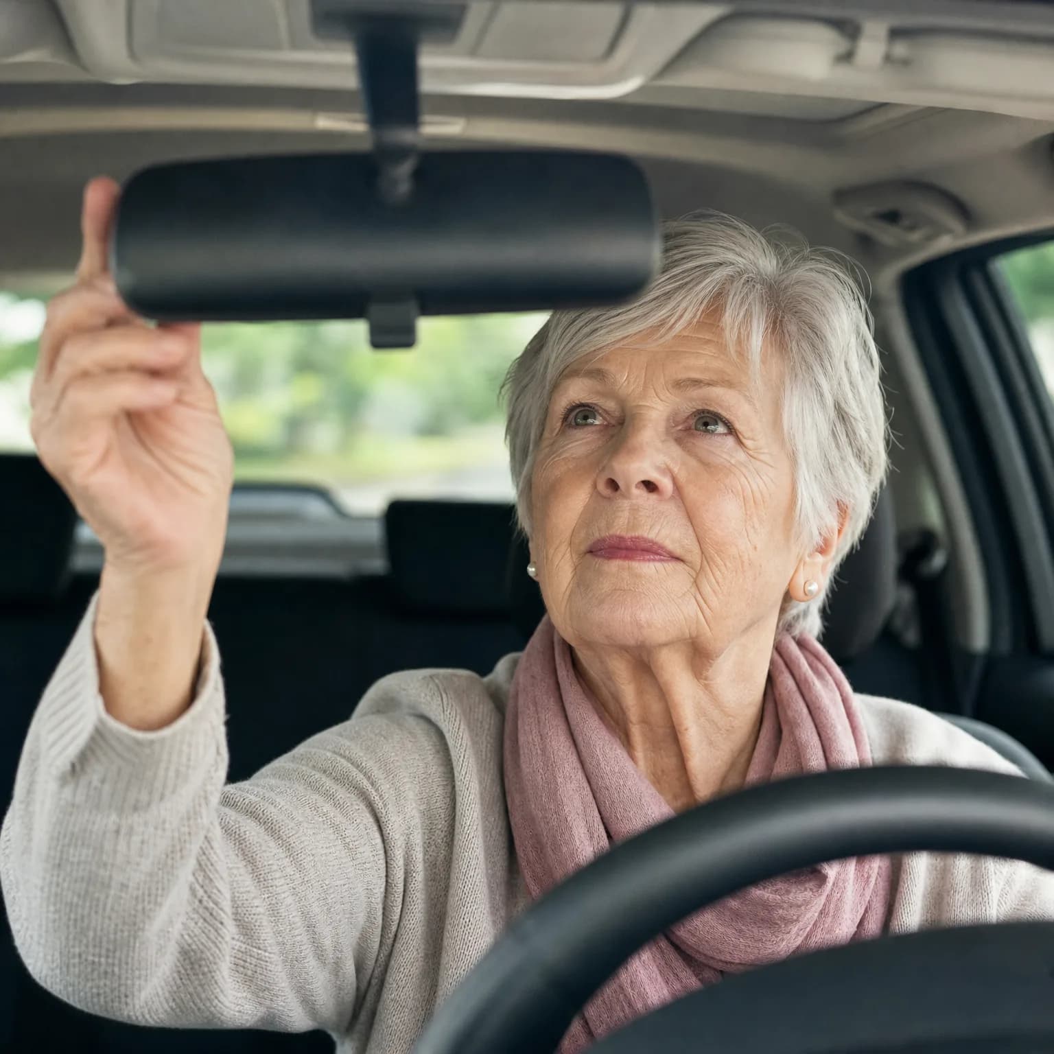 An older woman with short gray hair, wearing a cream cardigan and pink scarf, sits in a car's driver seat and reaches up to adjust the rearview mirror.