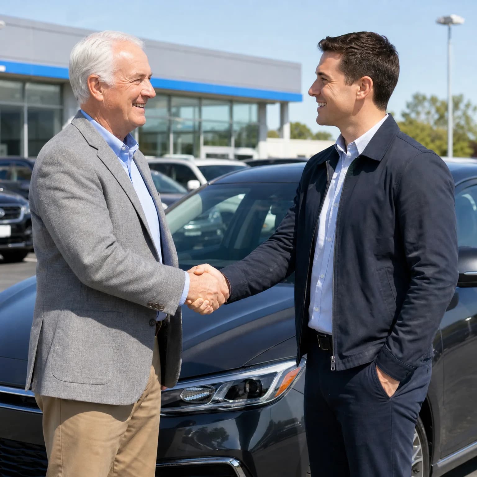 Two men shake hands in front of a dark SUV in an outdoor lot with a glass-fronted building and other parked vehicles in the background.