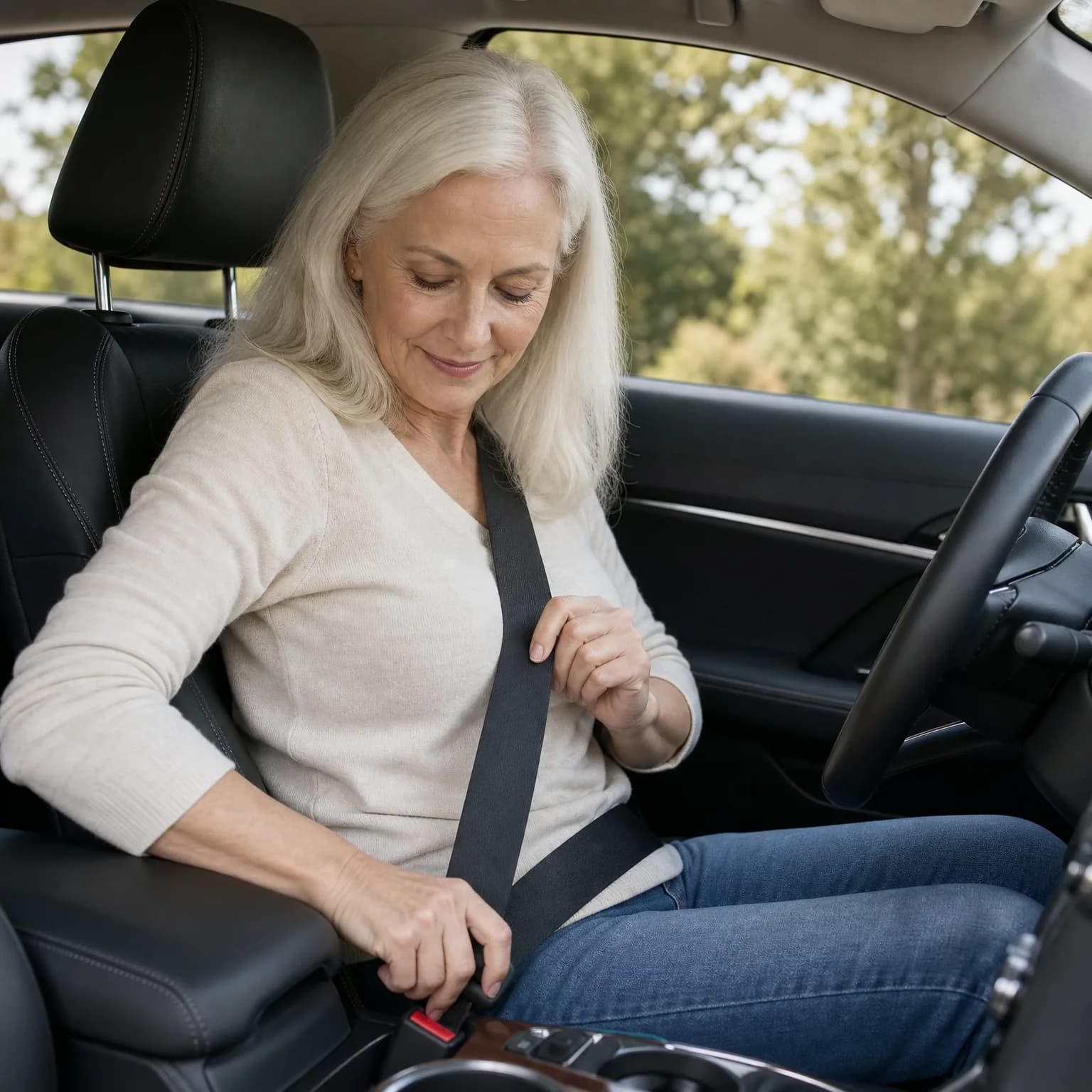 An older woman with long white hair, wearing a cream sweater and jeans, sits in a car's driver seat and fastens her seat belt, with green trees visible through the windows.